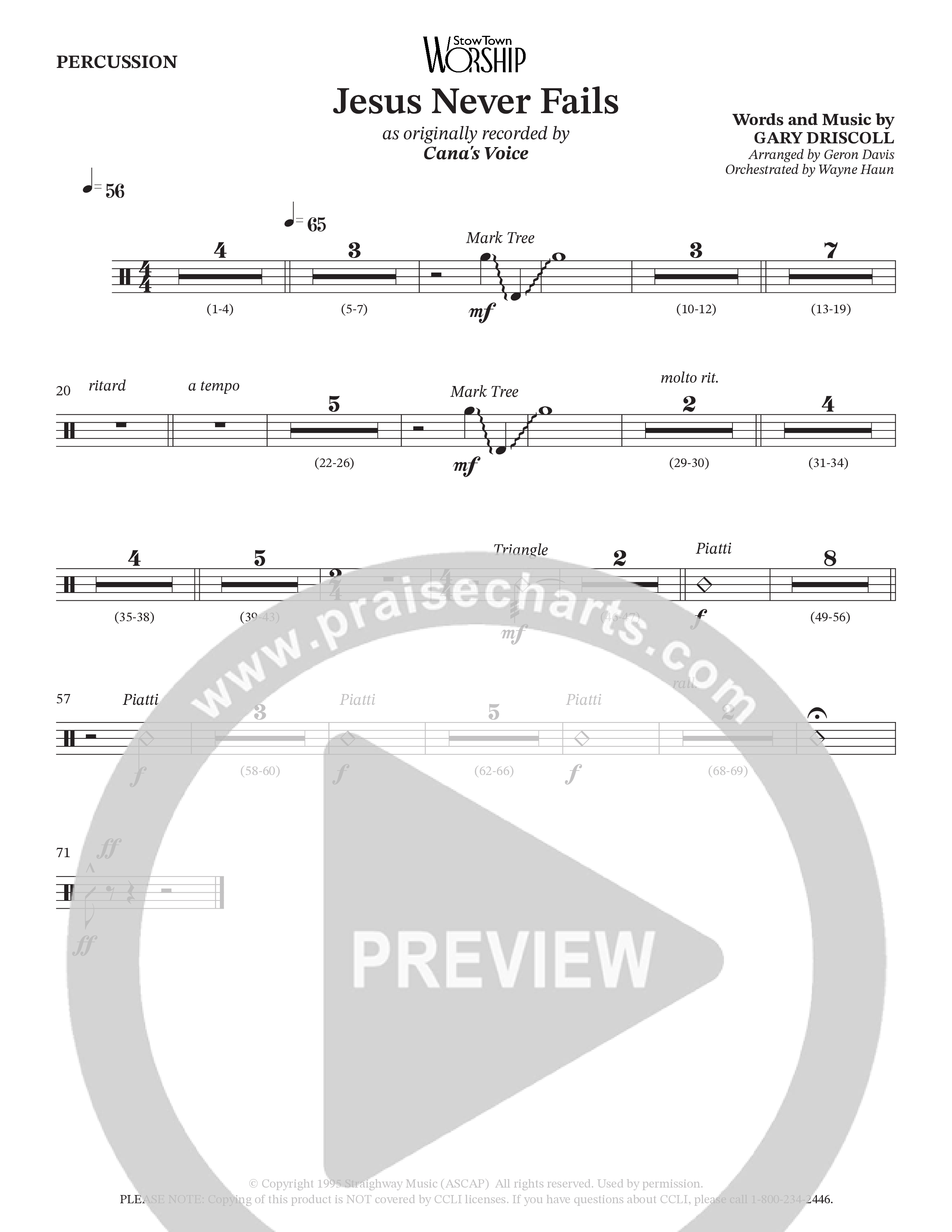 Jesus Never Fails (Choral Anthem SATB) Percussion (StowTown Worship / Arr. Geron Davis / Arr. Wayne Haun)