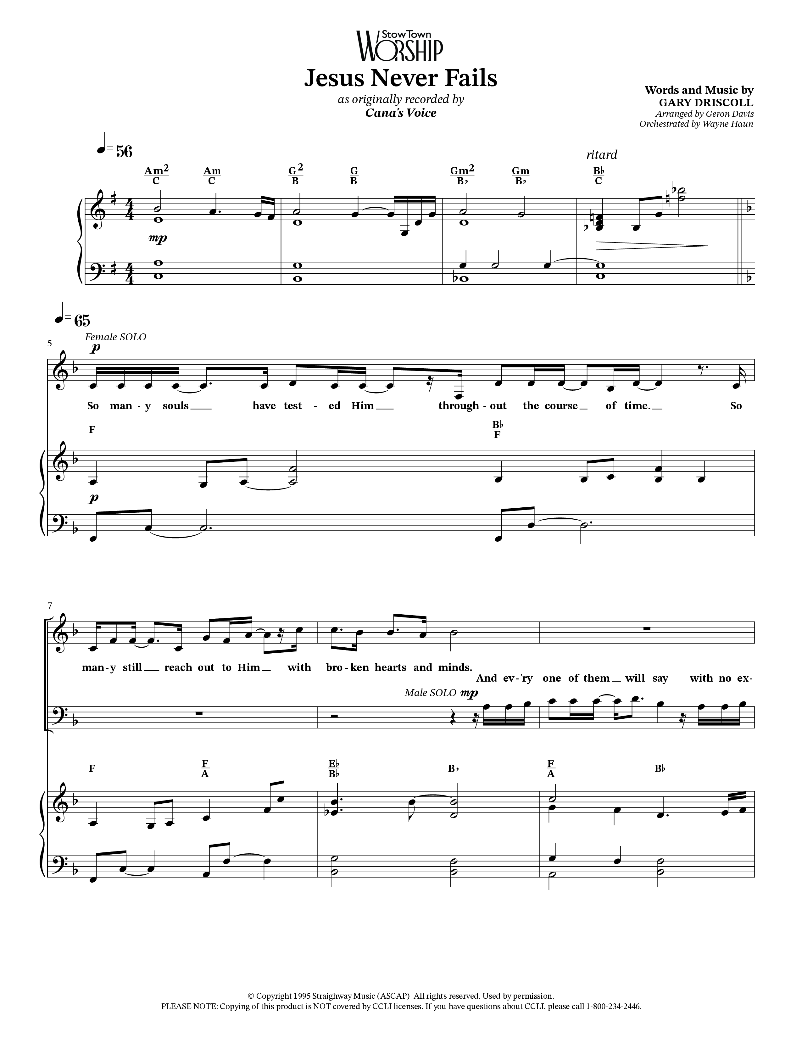 Jesus Never Fails (Choral Anthem SATB) Piano/Vocal Pack (StowTown Worship / Arr. Geron Davis / Arr. Wayne Haun)