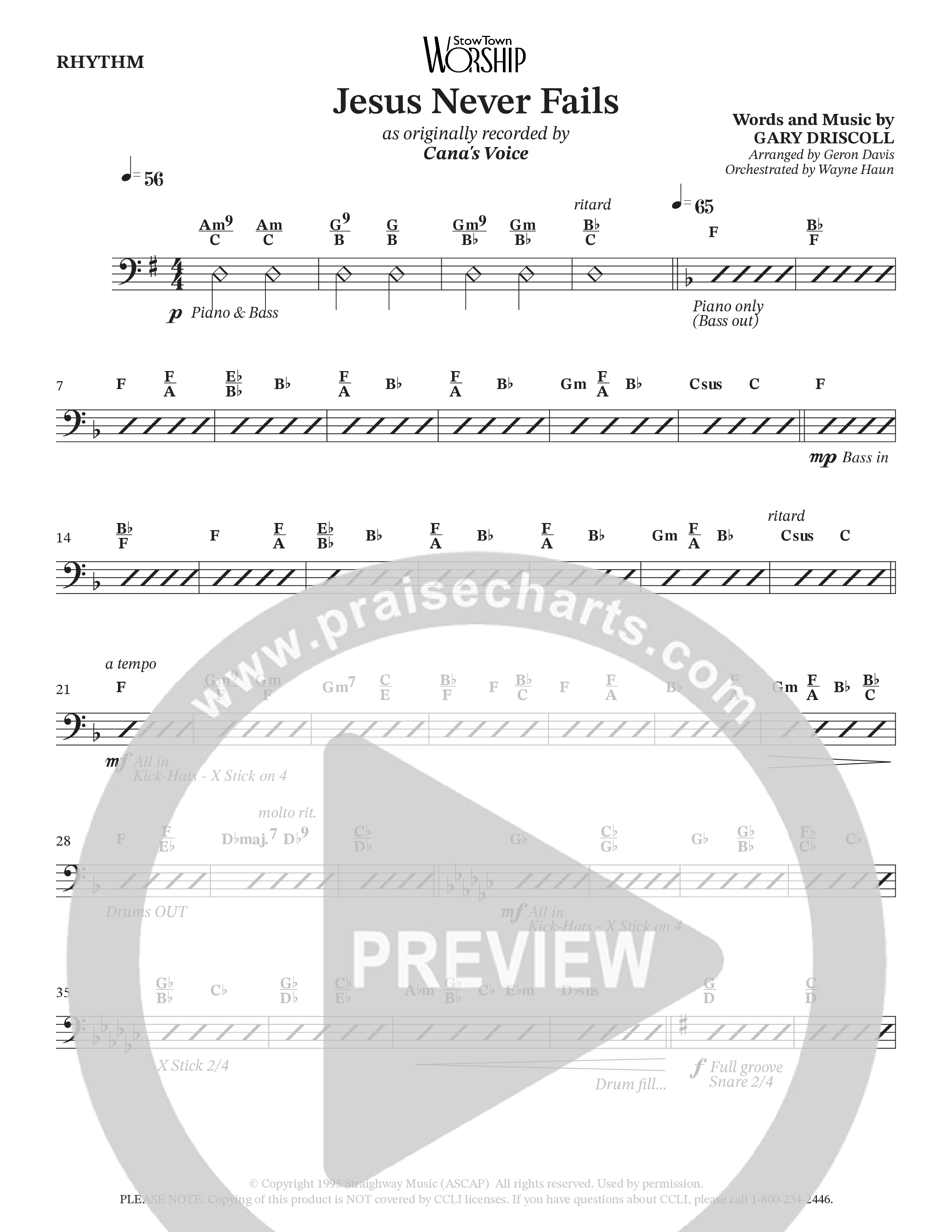Jesus Never Fails (Choral Anthem SATB) Rhythm Chart (StowTown Worship / Arr. Geron Davis / Arr. Wayne Haun)