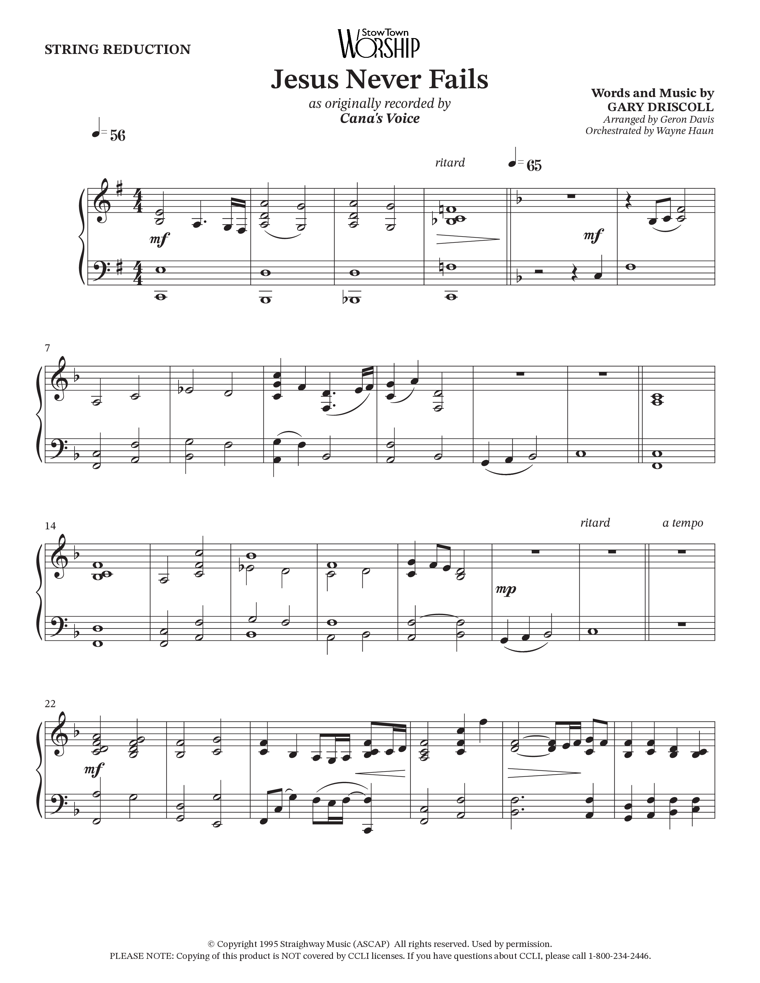 Jesus Never Fails (Choral Anthem SATB) String Reduction (StowTown Worship / Arr. Geron Davis / Arr. Wayne Haun)