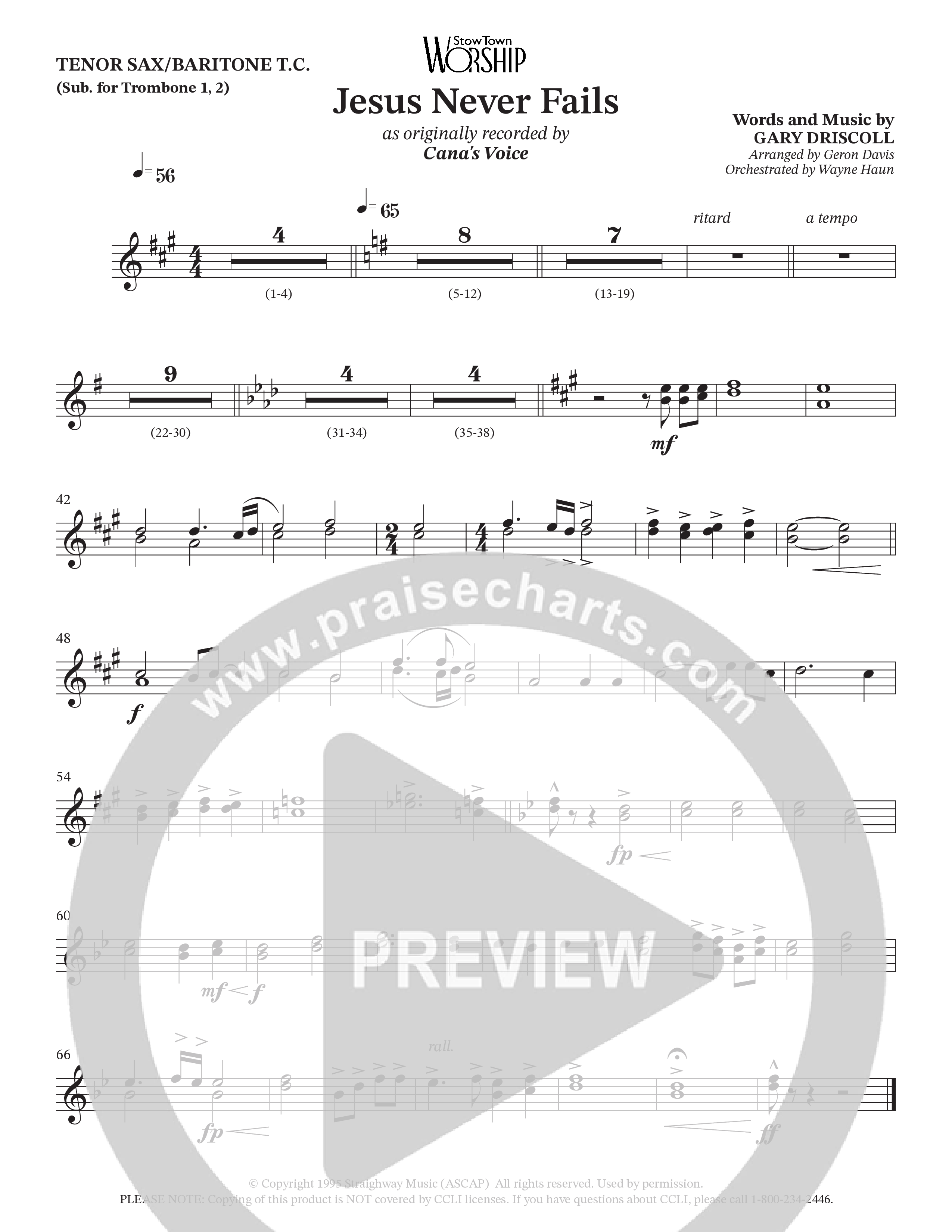 Jesus Never Fails (Choral Anthem SATB) Tenor Sax/Baritone T.C. (StowTown Worship / Arr. Geron Davis / Arr. Wayne Haun)