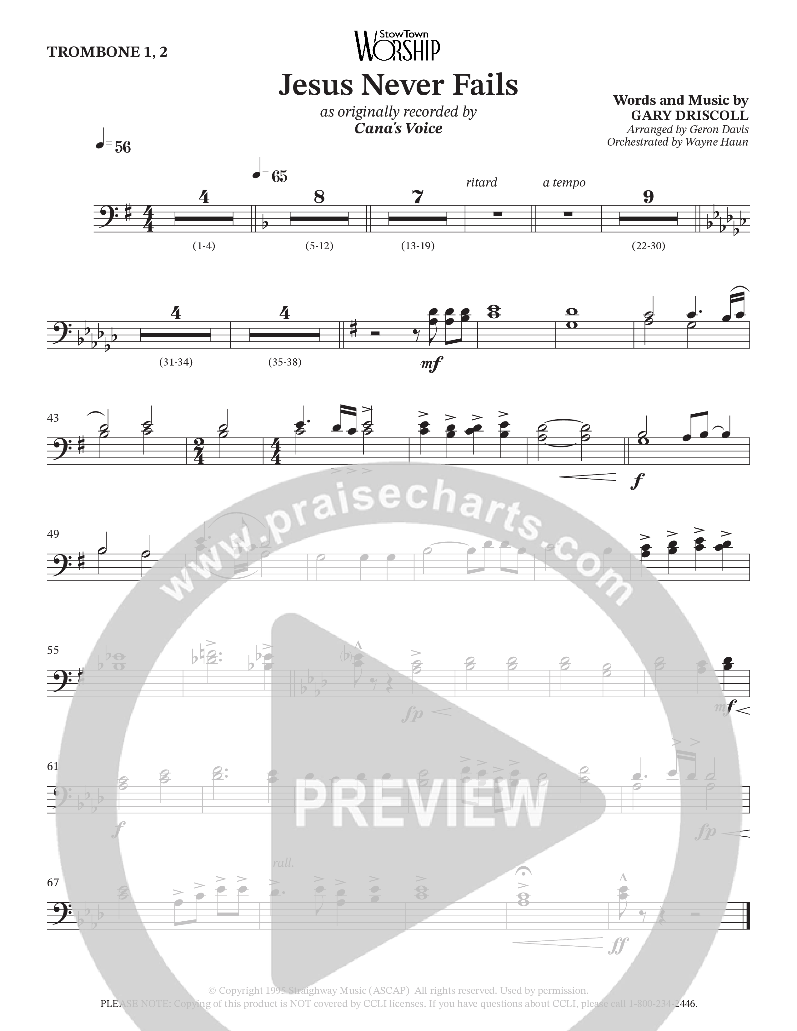 Jesus Never Fails (Choral Anthem SATB) Trombone 1/2 (StowTown Worship / Arr. Geron Davis / Arr. Wayne Haun)