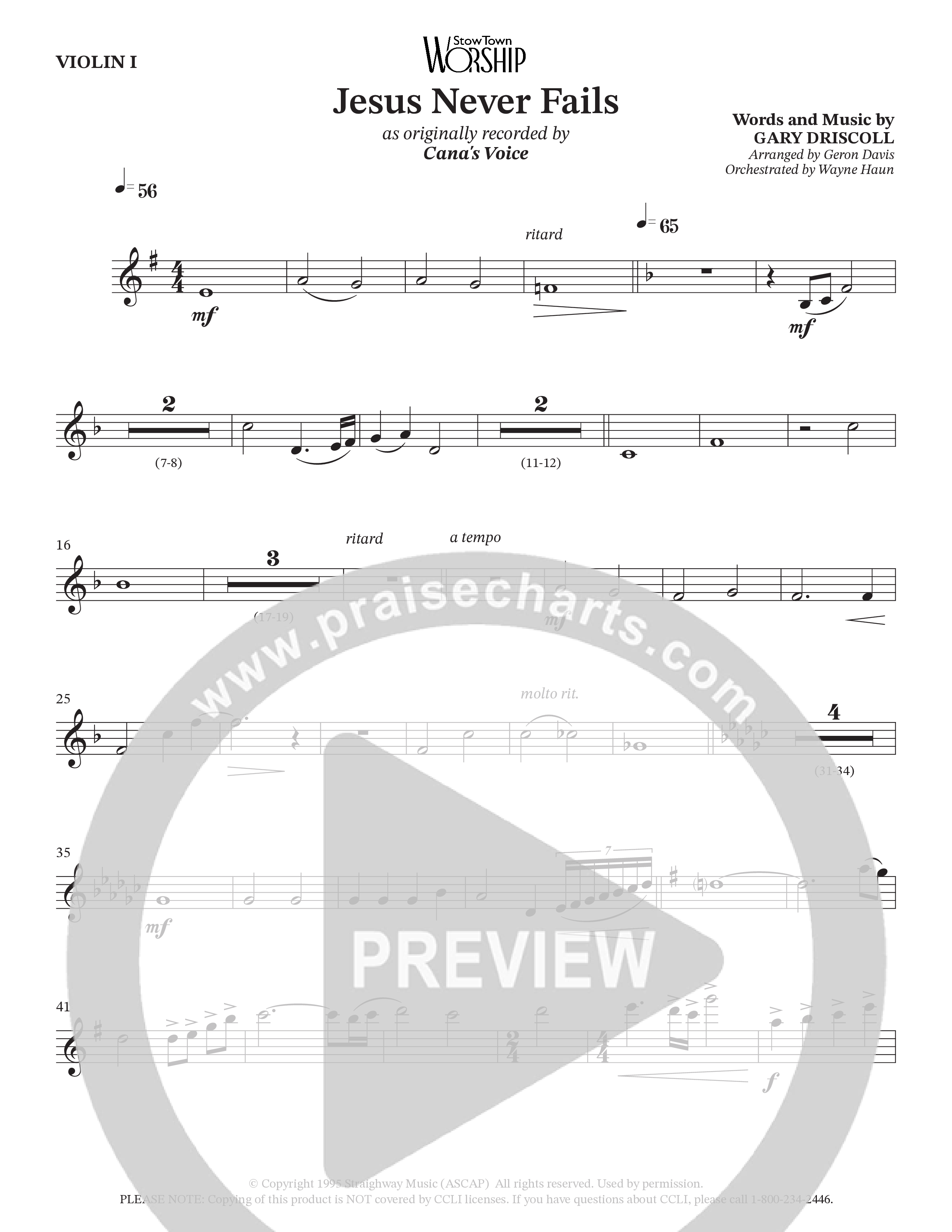 Jesus Never Fails (Choral Anthem SATB) Violin 1 (StowTown Worship / Arr. Geron Davis / Arr. Wayne Haun)