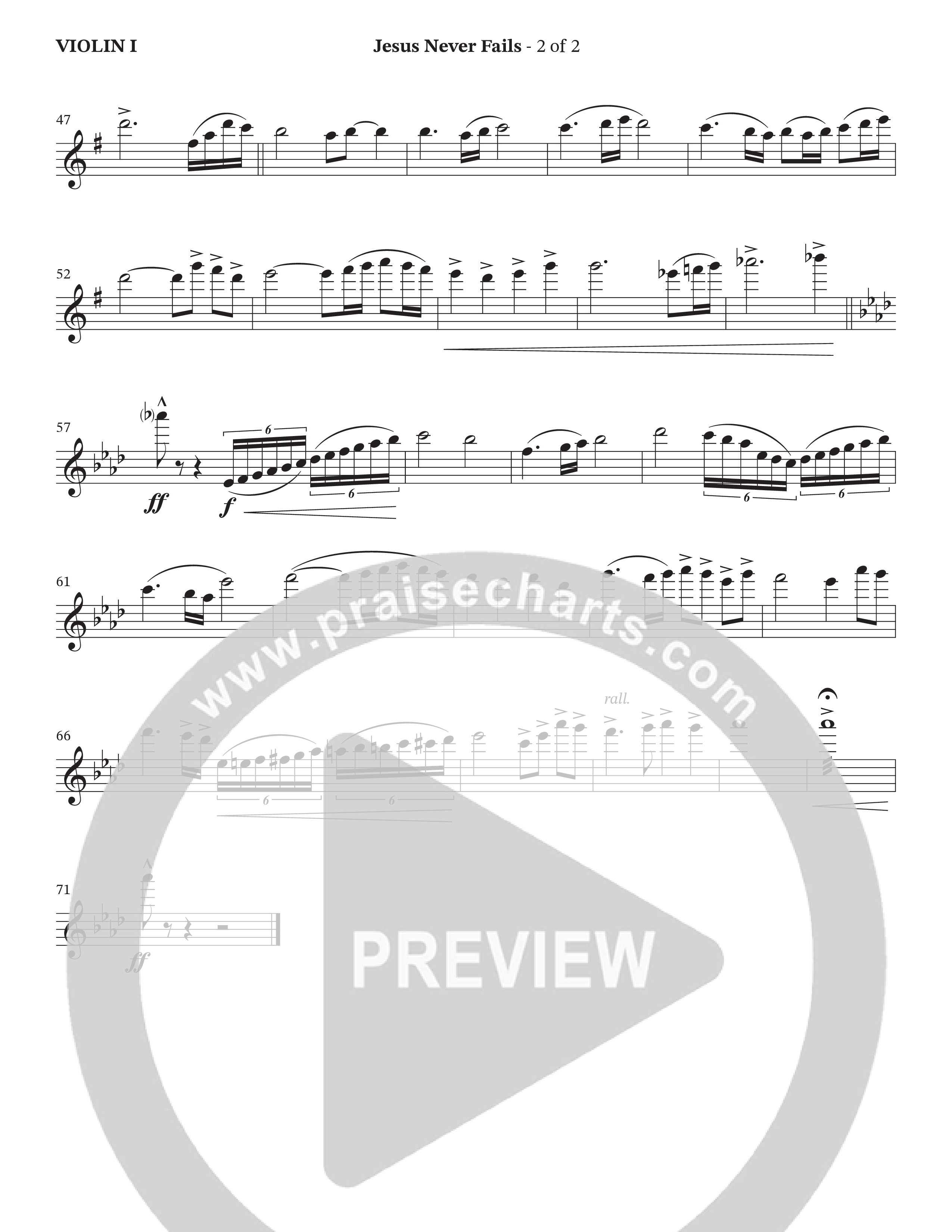 Jesus Never Fails (Choral Anthem SATB) Violin 1 (StowTown Worship / Arr. Geron Davis / Arr. Wayne Haun)