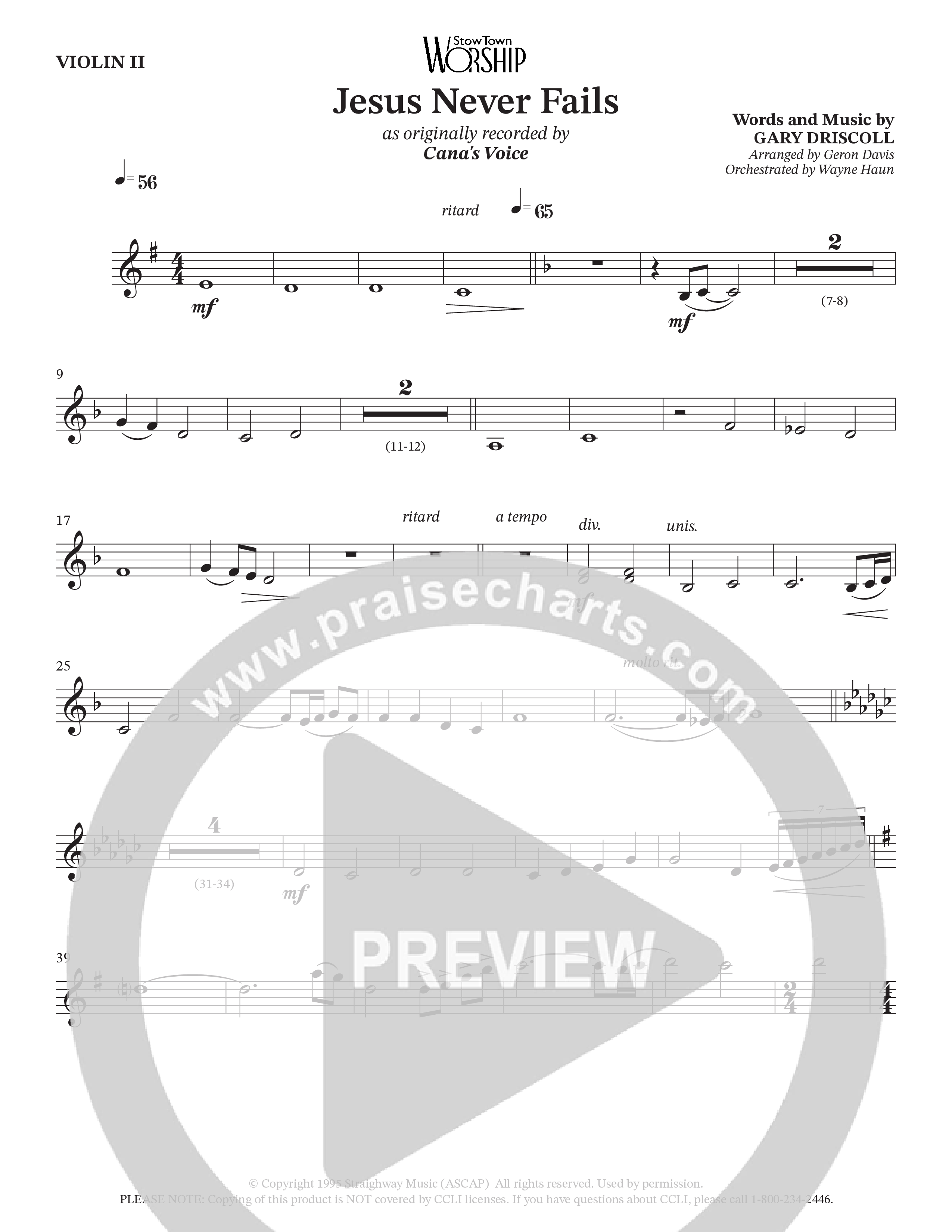 Jesus Never Fails (Choral Anthem SATB) Violin 2 (StowTown Worship / Arr. Geron Davis / Arr. Wayne Haun)