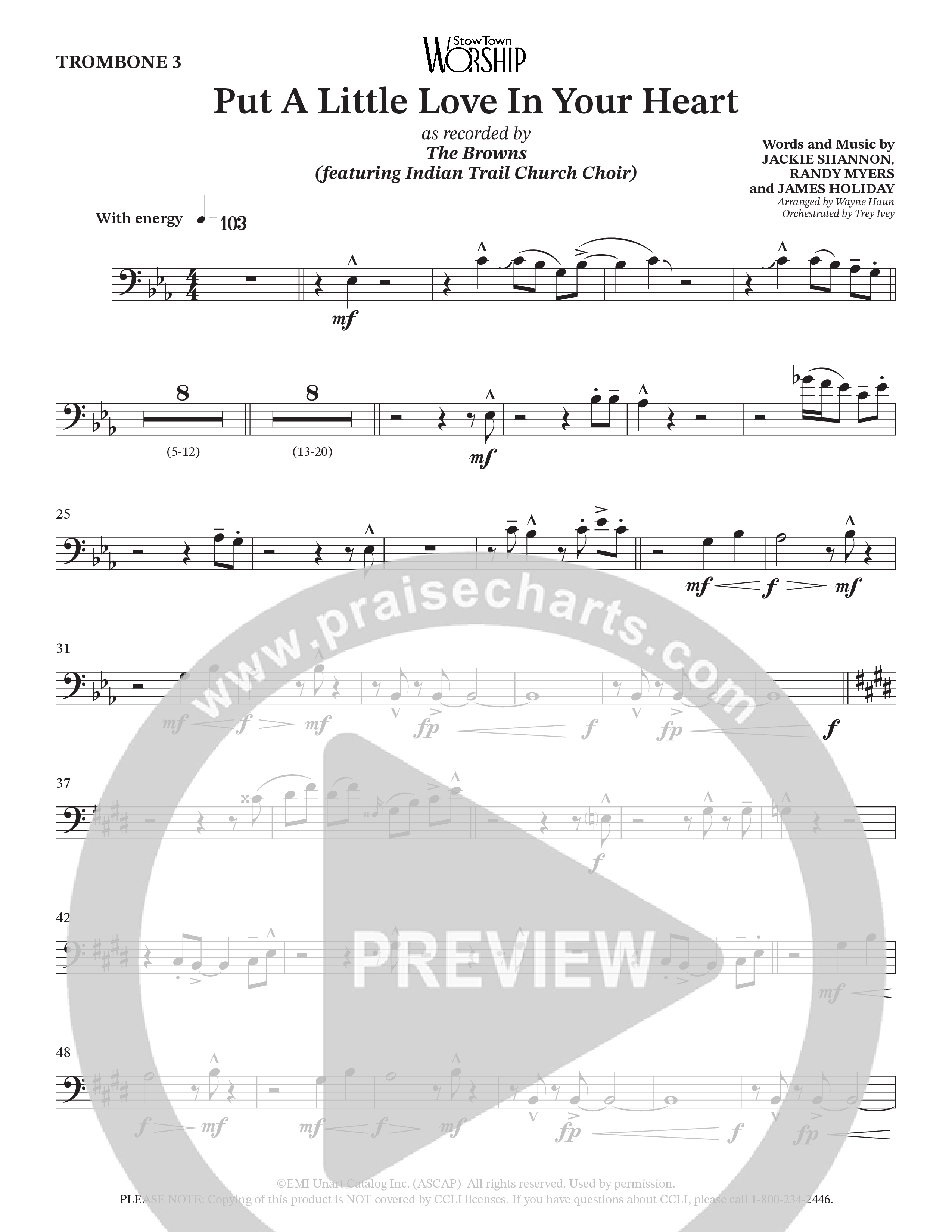 Put A Little Love In Your Heart (Choral Anthem SATB) Trombone 3 (StowTown Worship / Arr. Wayne Haun / Orch. Trey Ivey)