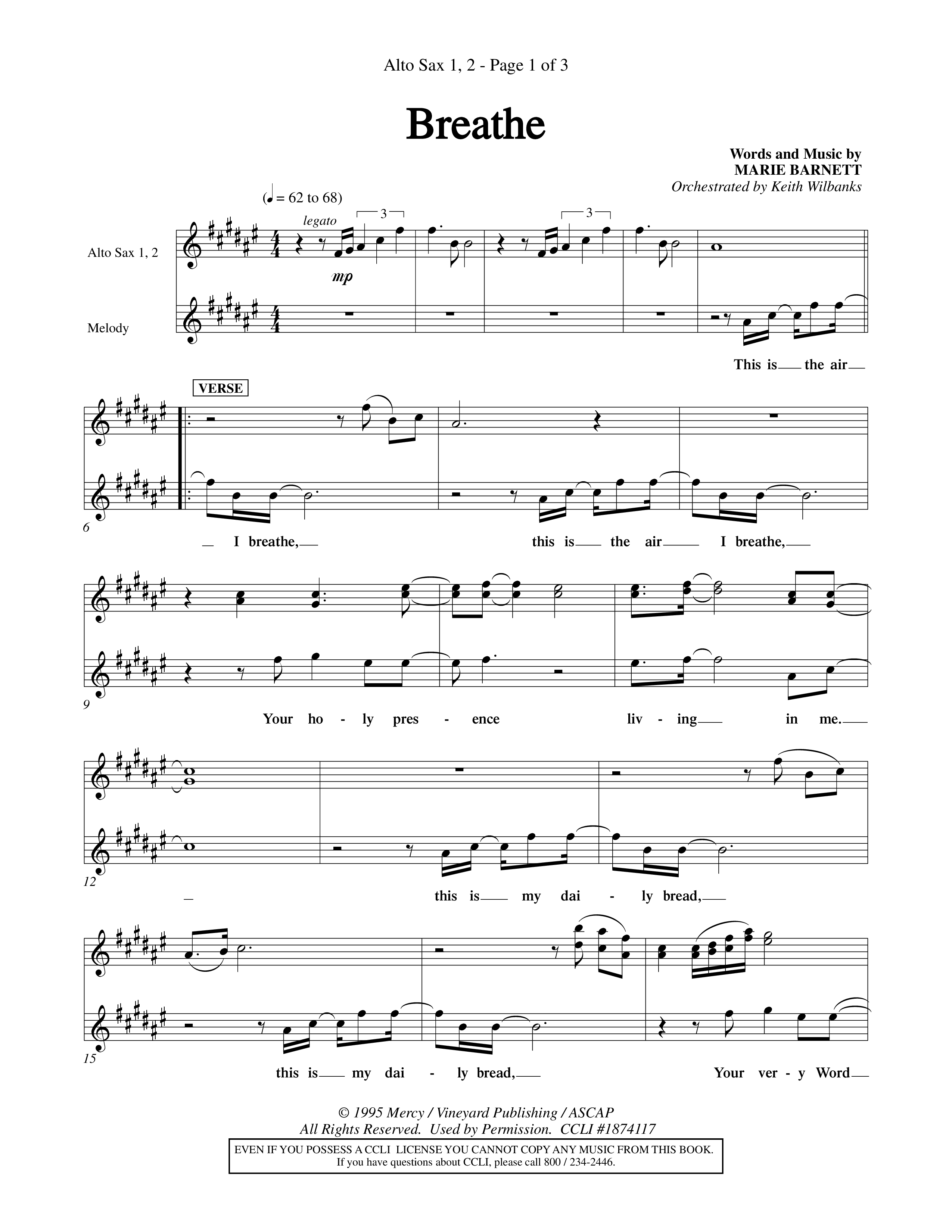 Breathe (Choral Anthem SATB) Alto Sax 1/2 (Word Music Choral / Orch. Keith Wilbanks)