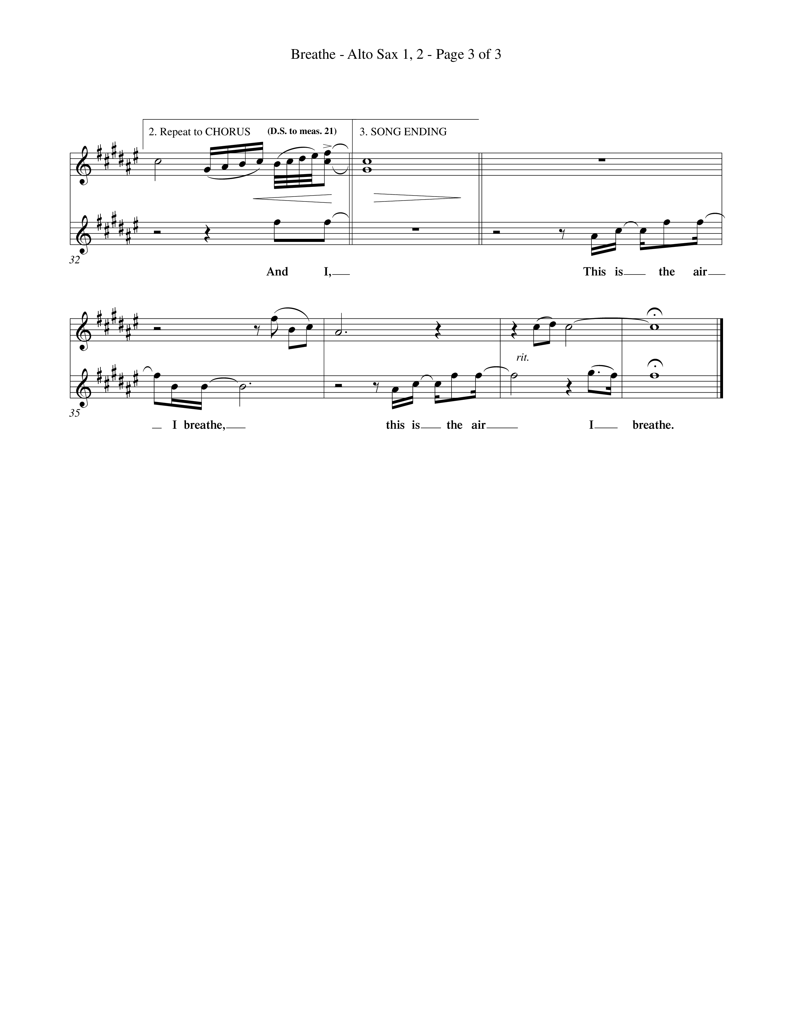Breathe (Choral Anthem SATB) Alto Sax 1/2 (Word Music Choral / Orch. Keith Wilbanks)