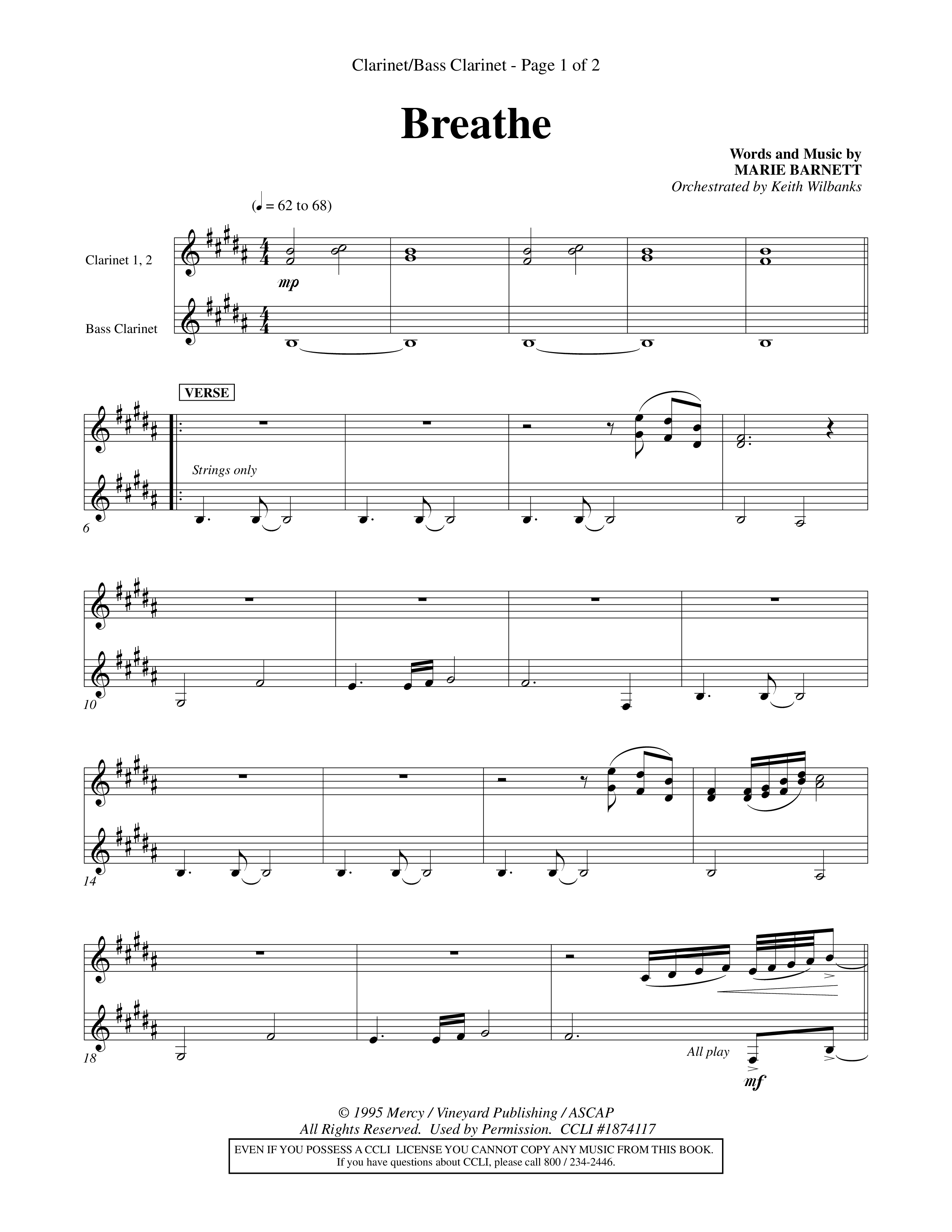 Breathe (Choral Anthem SATB) Clarinet 1/2, Bass Clarinet (Word Music Choral / Orch. Keith Wilbanks)