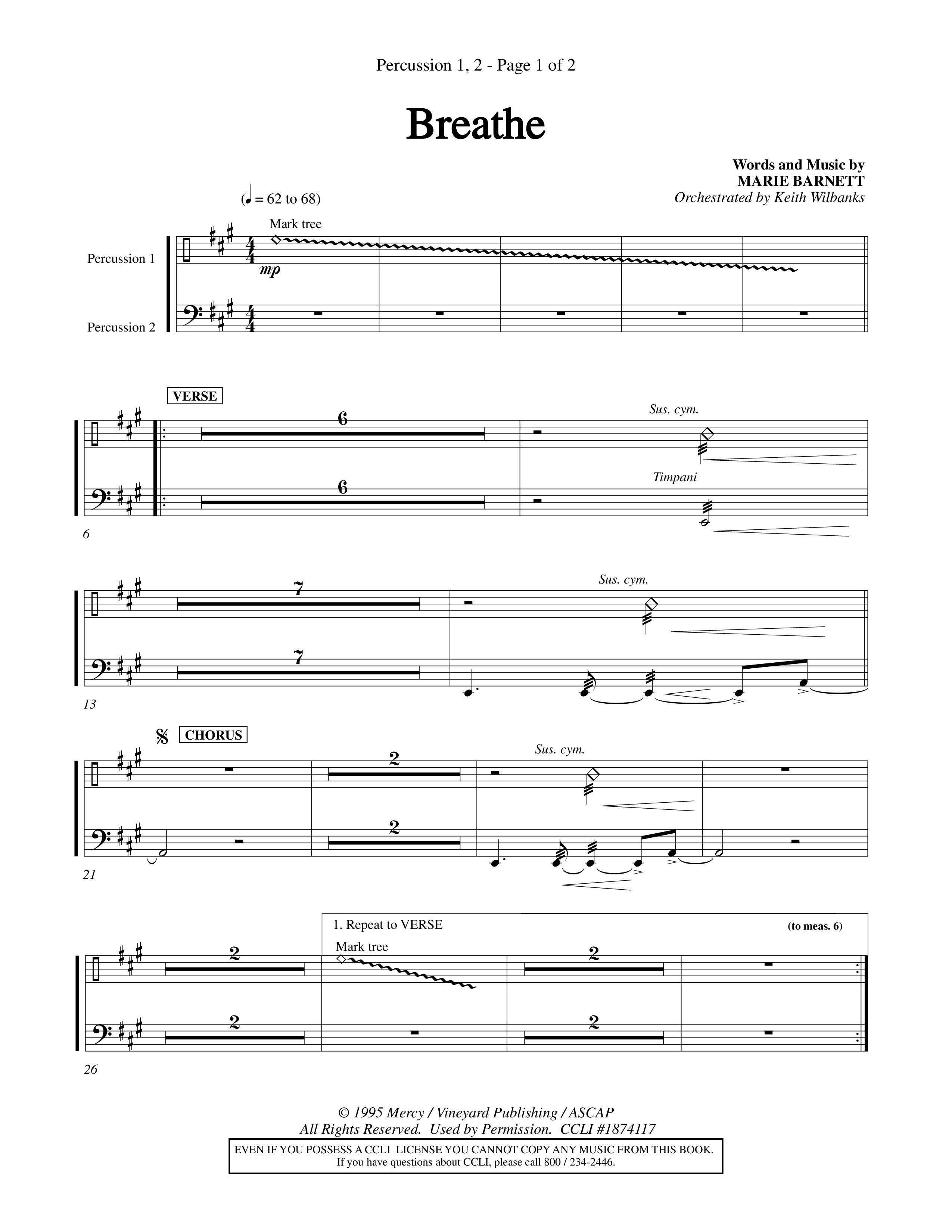 Breathe (Choral Anthem SATB) Percussion 1/2 (Word Music Choral / Orch. Keith Wilbanks)