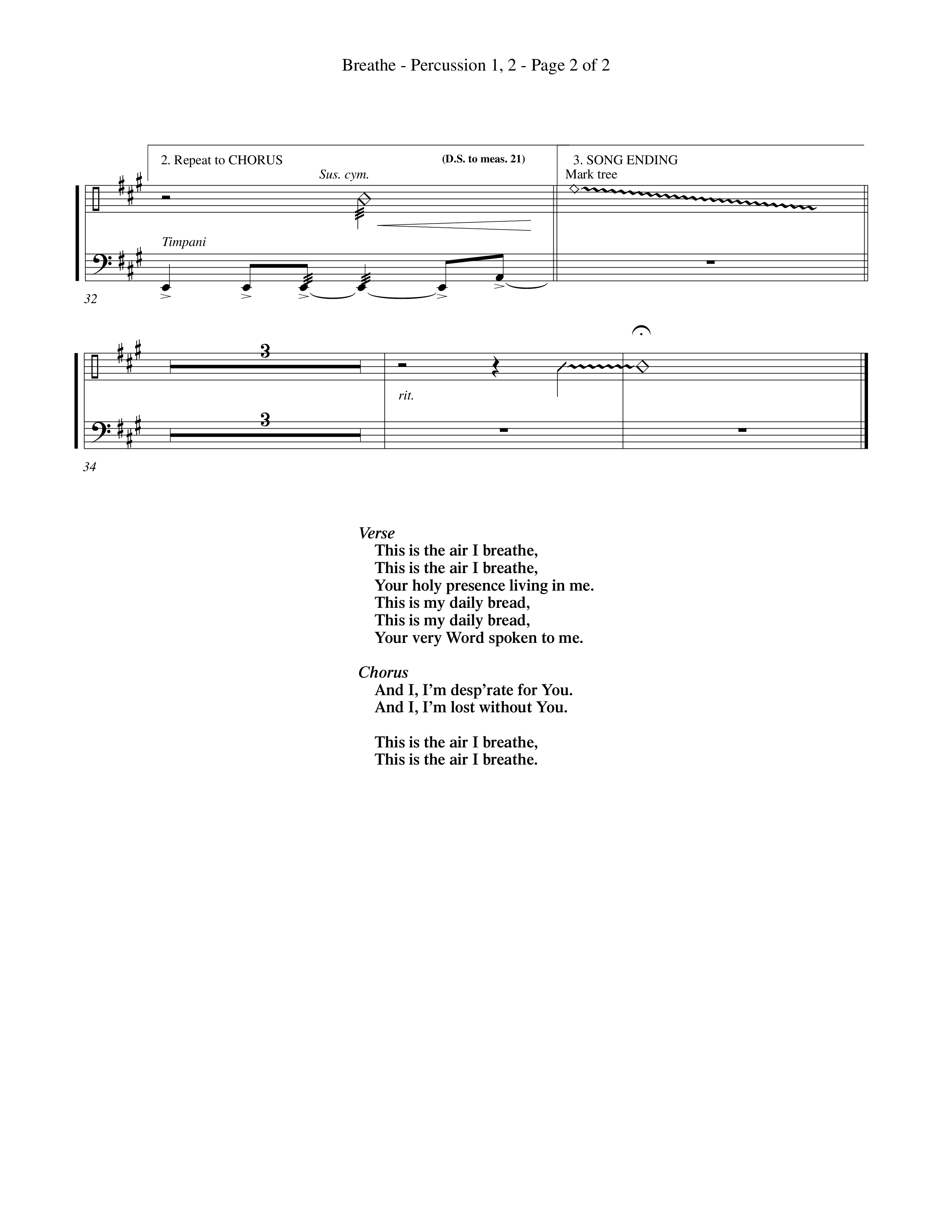 Breathe (Choral Anthem SATB) Percussion 1/2 (Word Music Choral / Orch. Keith Wilbanks)