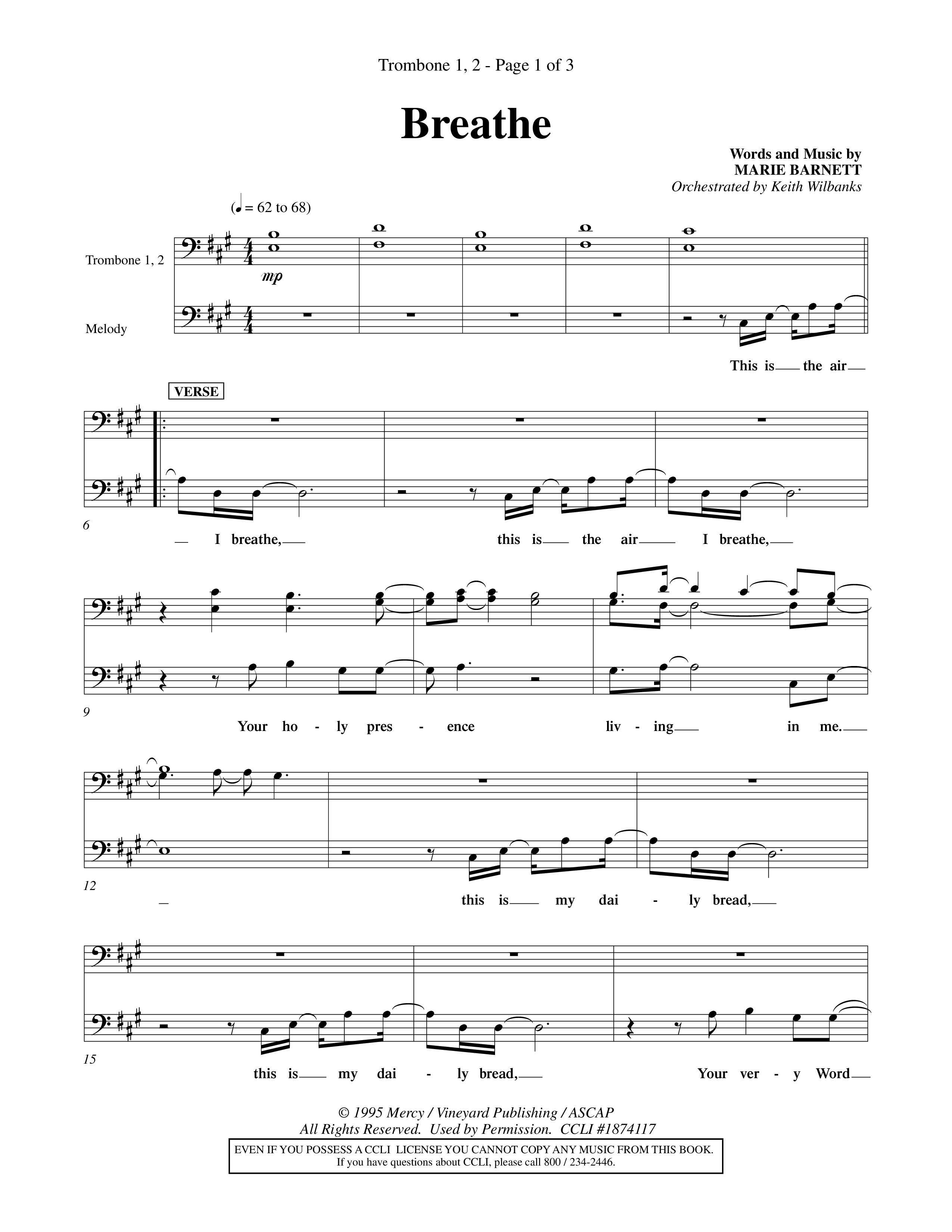 Breathe (Choral Anthem SATB) Trombone 1/2 (Word Music Choral / Orch. Keith Wilbanks)