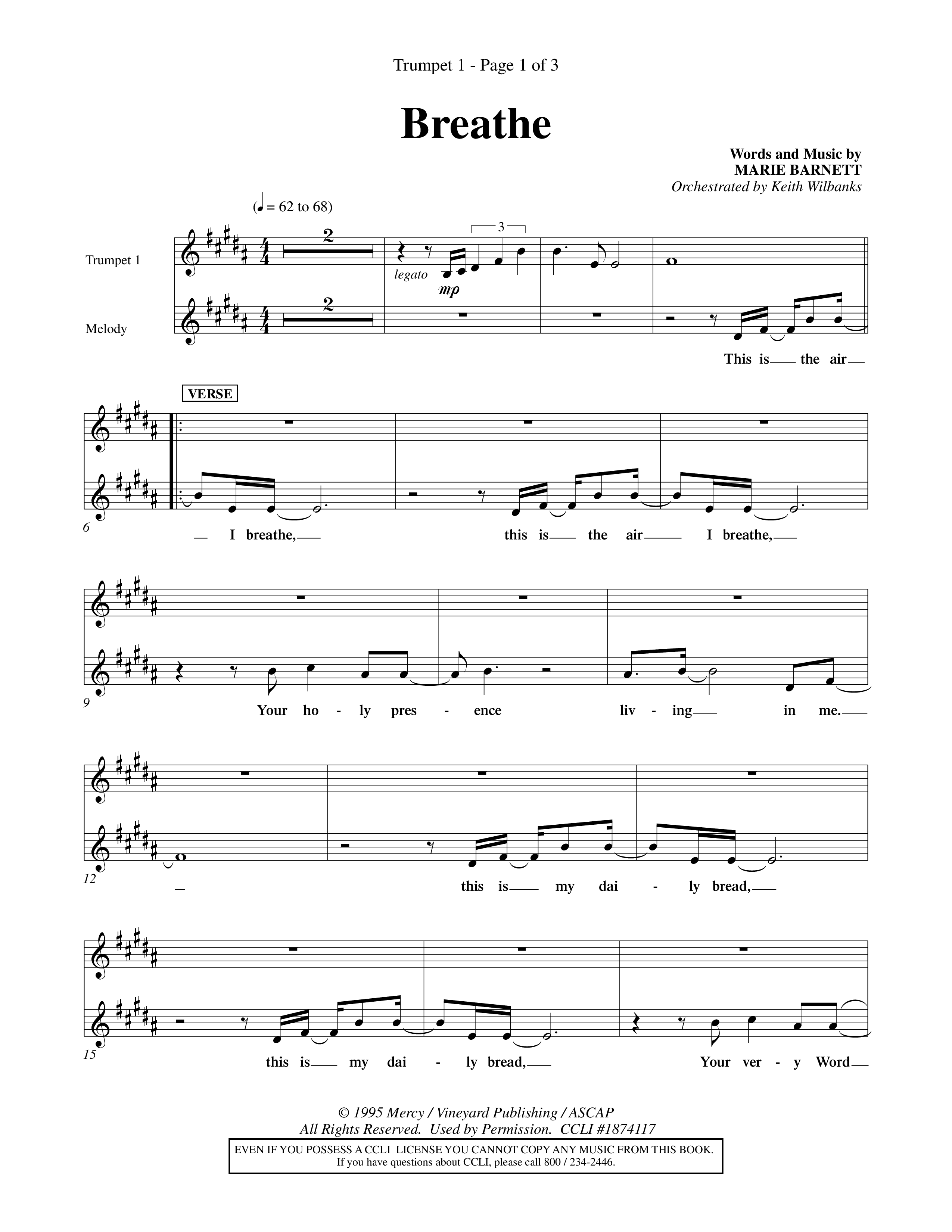 Breathe (Choral Anthem SATB) Trumpet 1 (Word Music Choral / Orch. Keith Wilbanks)