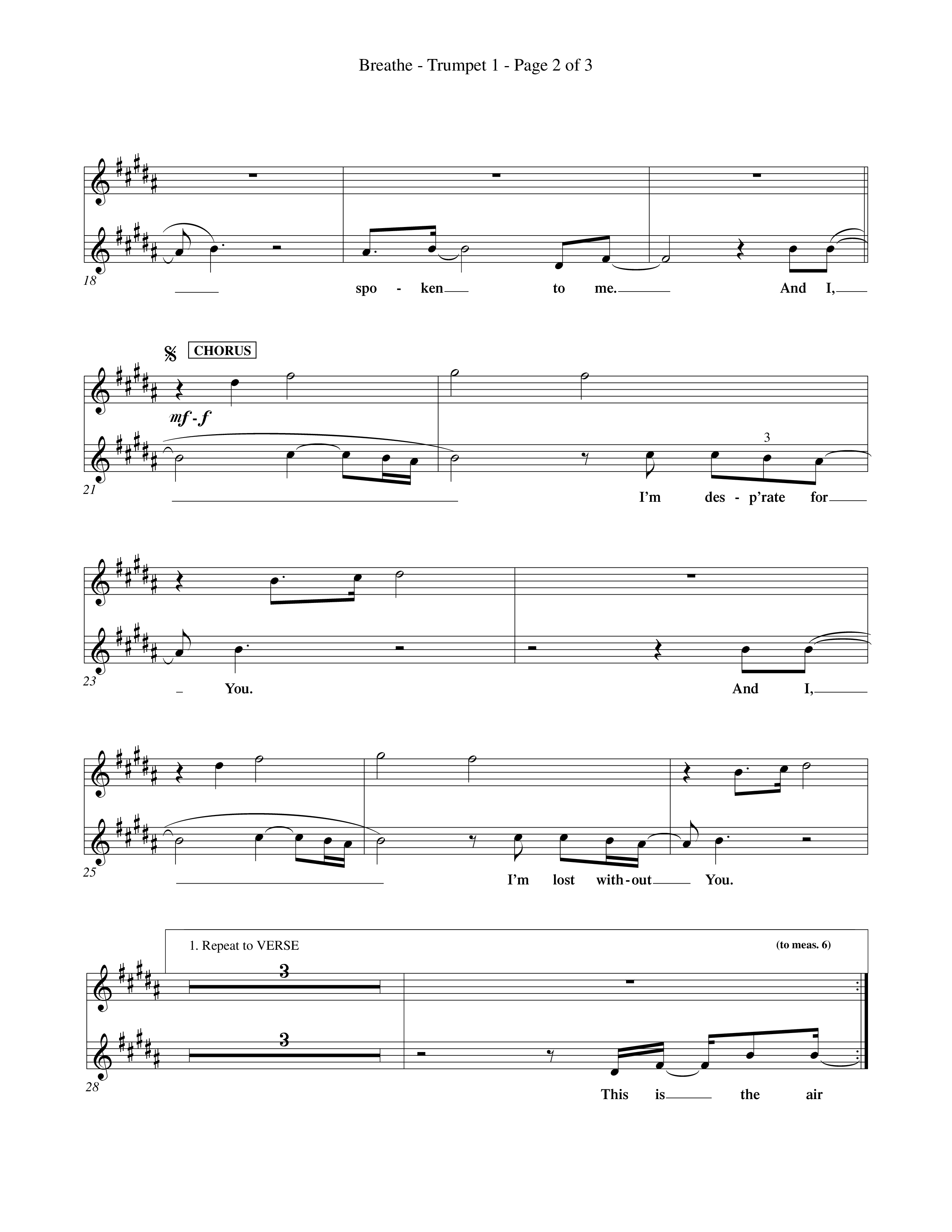 Breathe (Choral Anthem SATB) Trumpet 1 (Word Music Choral / Orch. Keith Wilbanks)