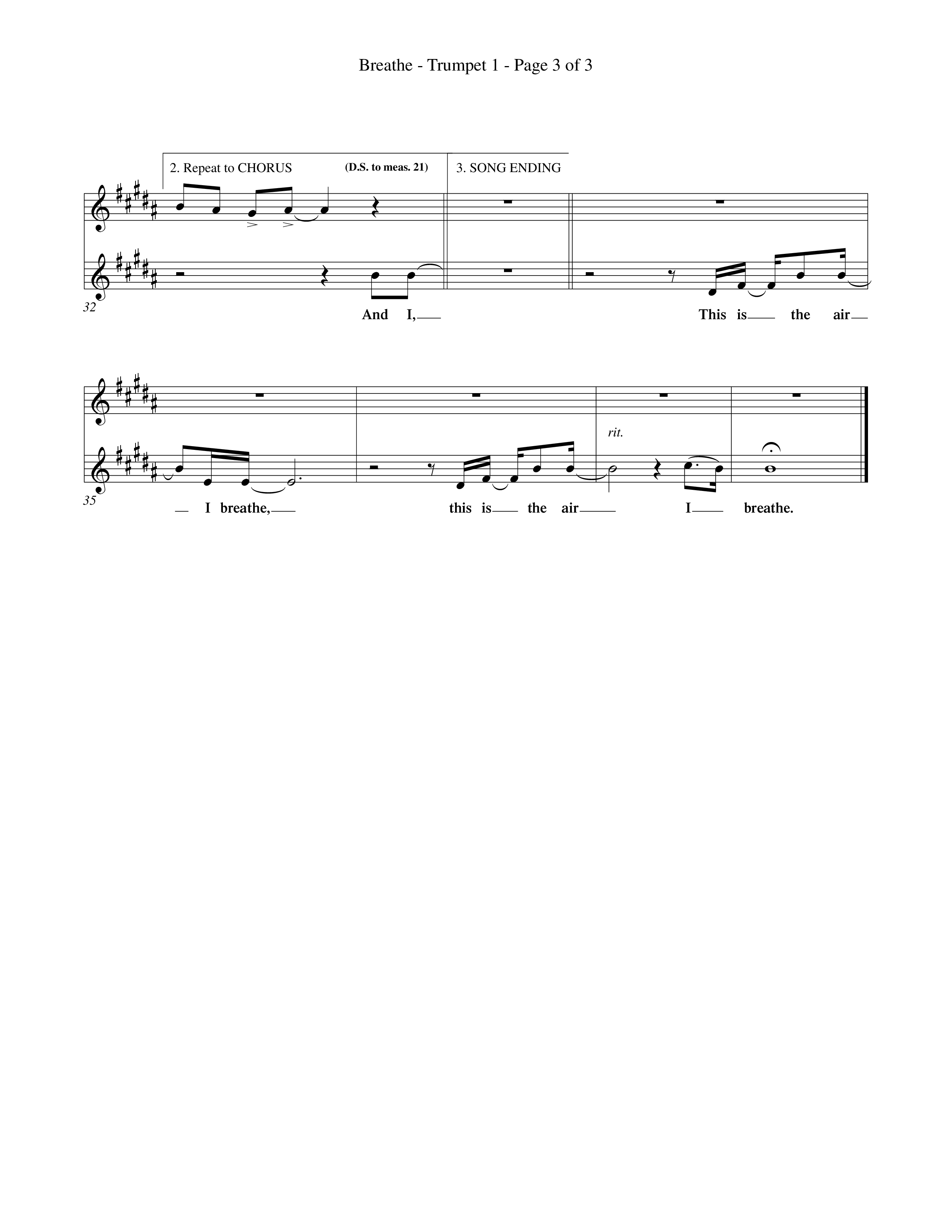 Breathe (Choral Anthem SATB) Trumpet 1 (Word Music Choral / Orch. Keith Wilbanks)