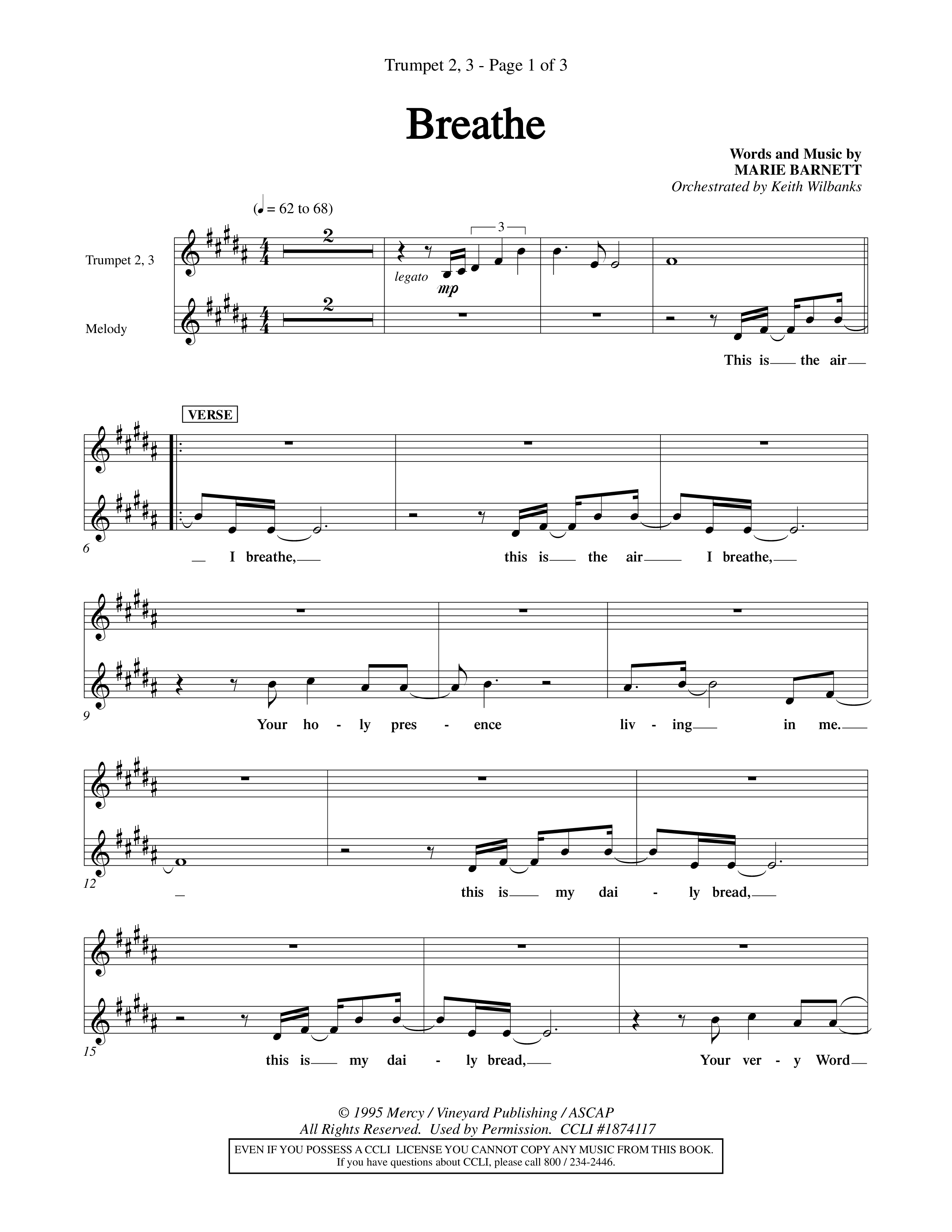 Breathe (Choral Anthem SATB) Trumpet 2/3 (Word Music Choral / Orch. Keith Wilbanks)