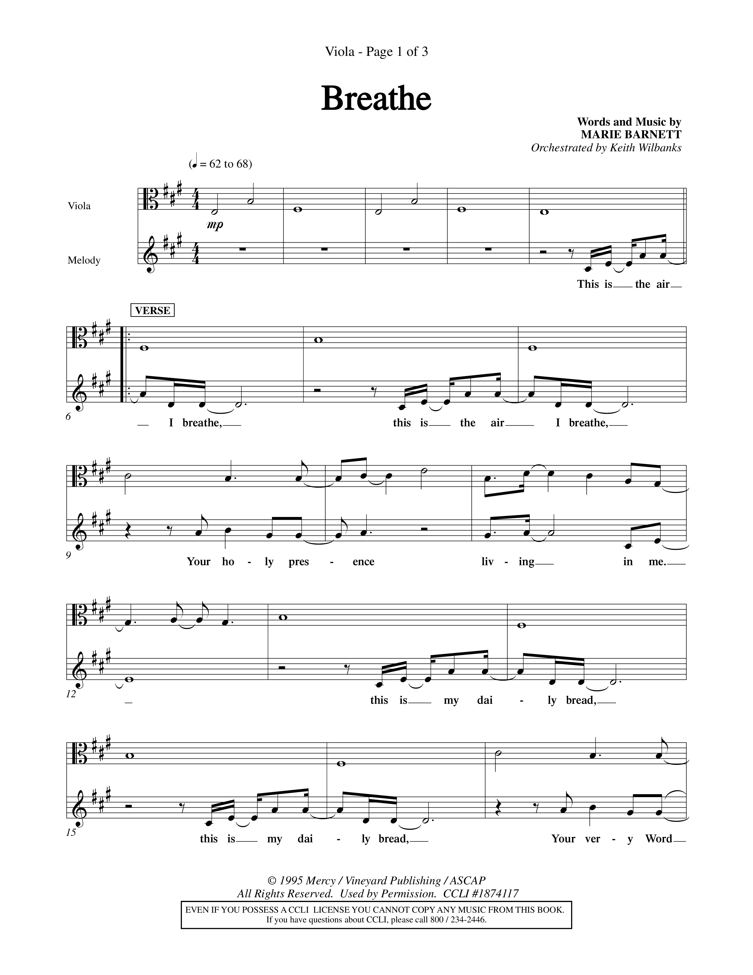 Breathe (Choral Anthem SATB) Viola (Word Music Choral / Orch. Keith Wilbanks)