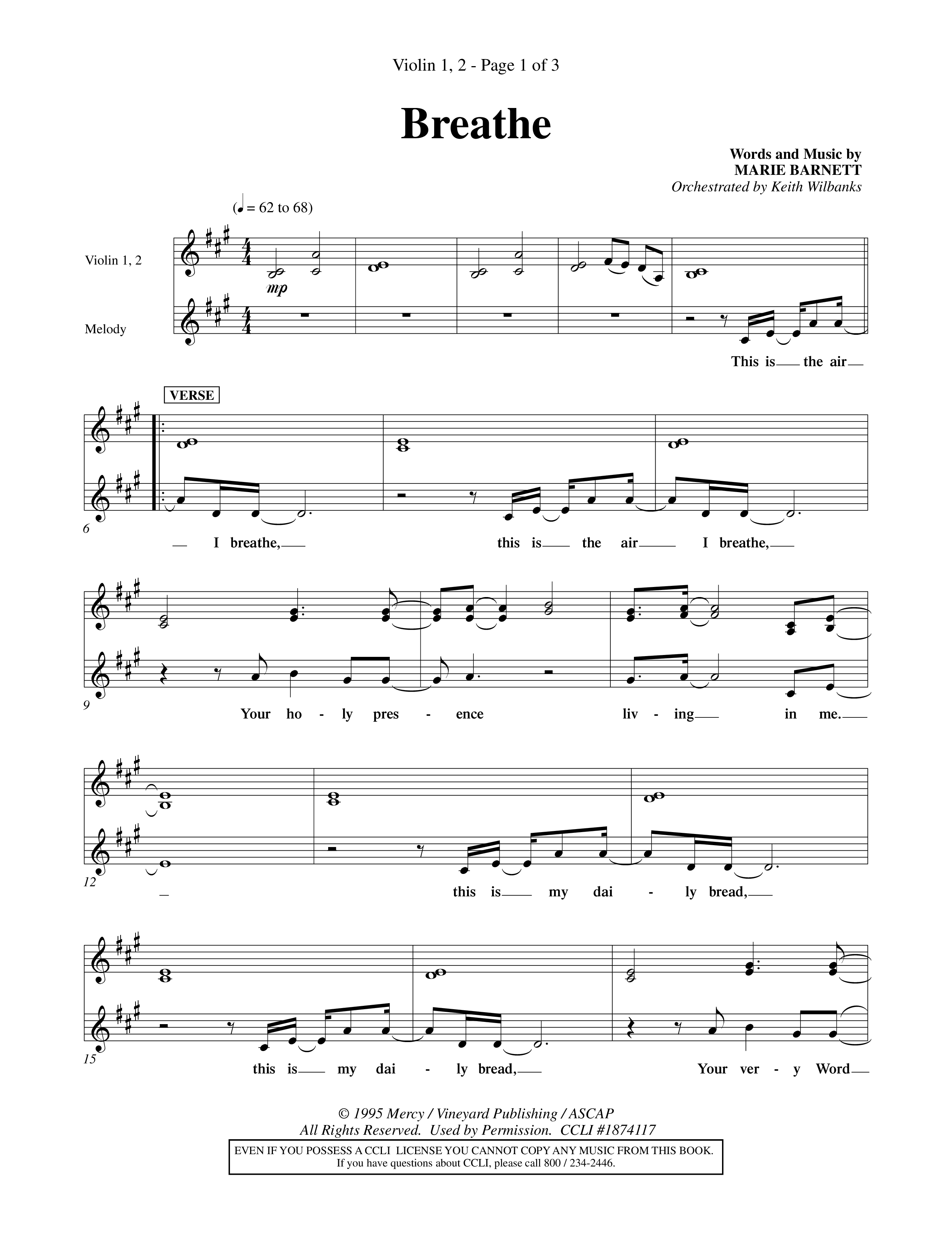 Breathe (Choral Anthem SATB) Violin 1/2 (Word Music Choral / Orch. Keith Wilbanks)