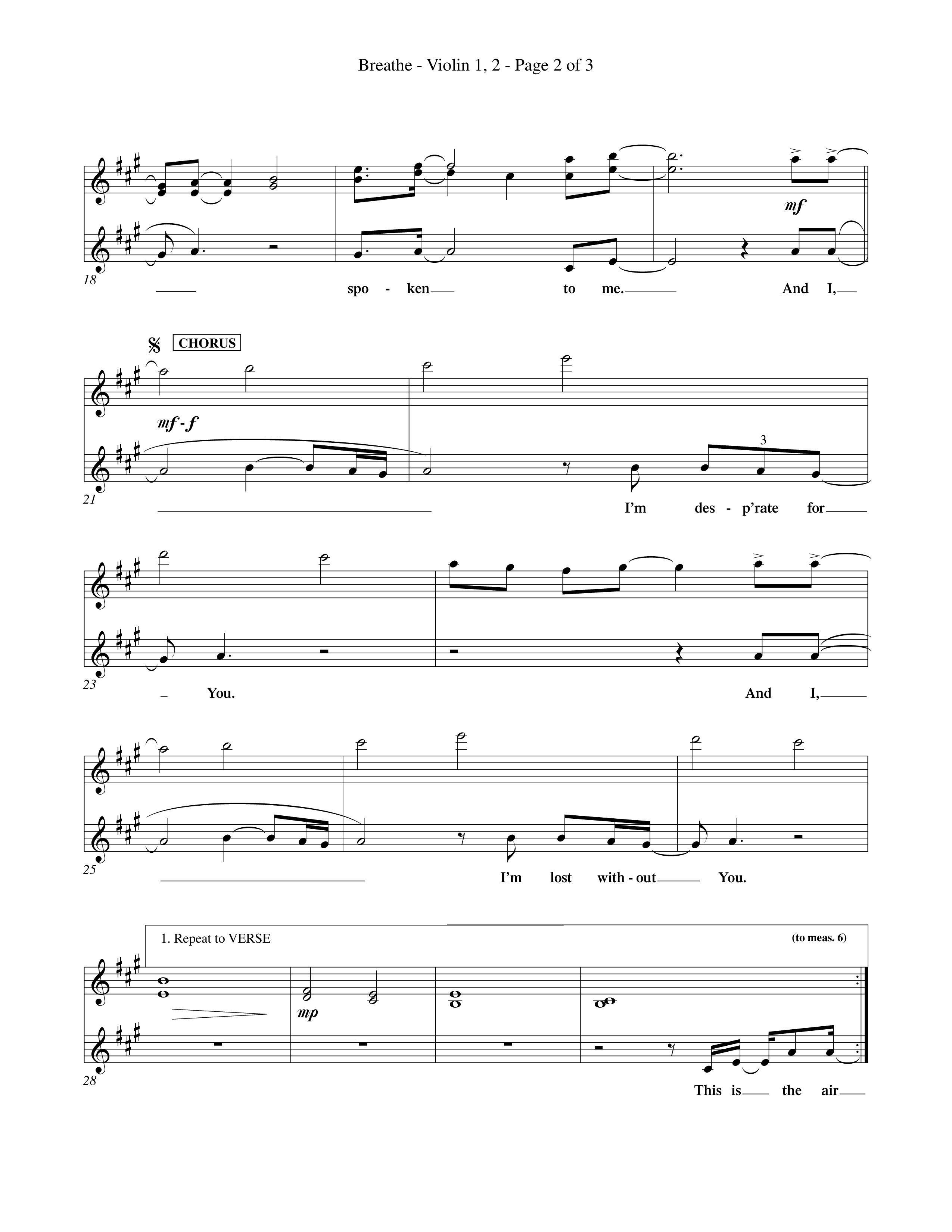 Breathe (Choral Anthem SATB) Violin 1/2 (Word Music Choral / Orch. Keith Wilbanks)