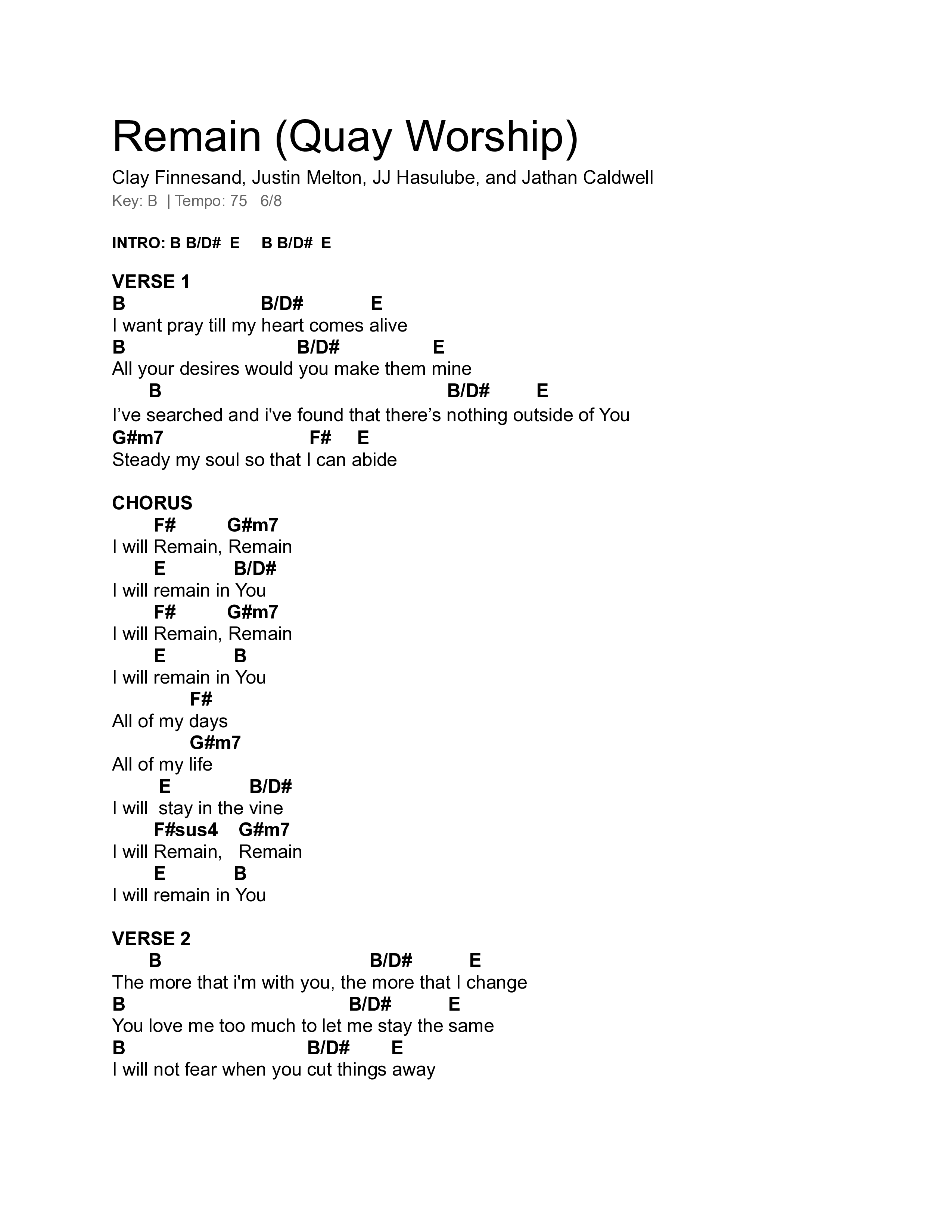 Remain Chord Chart (Quay Worship)