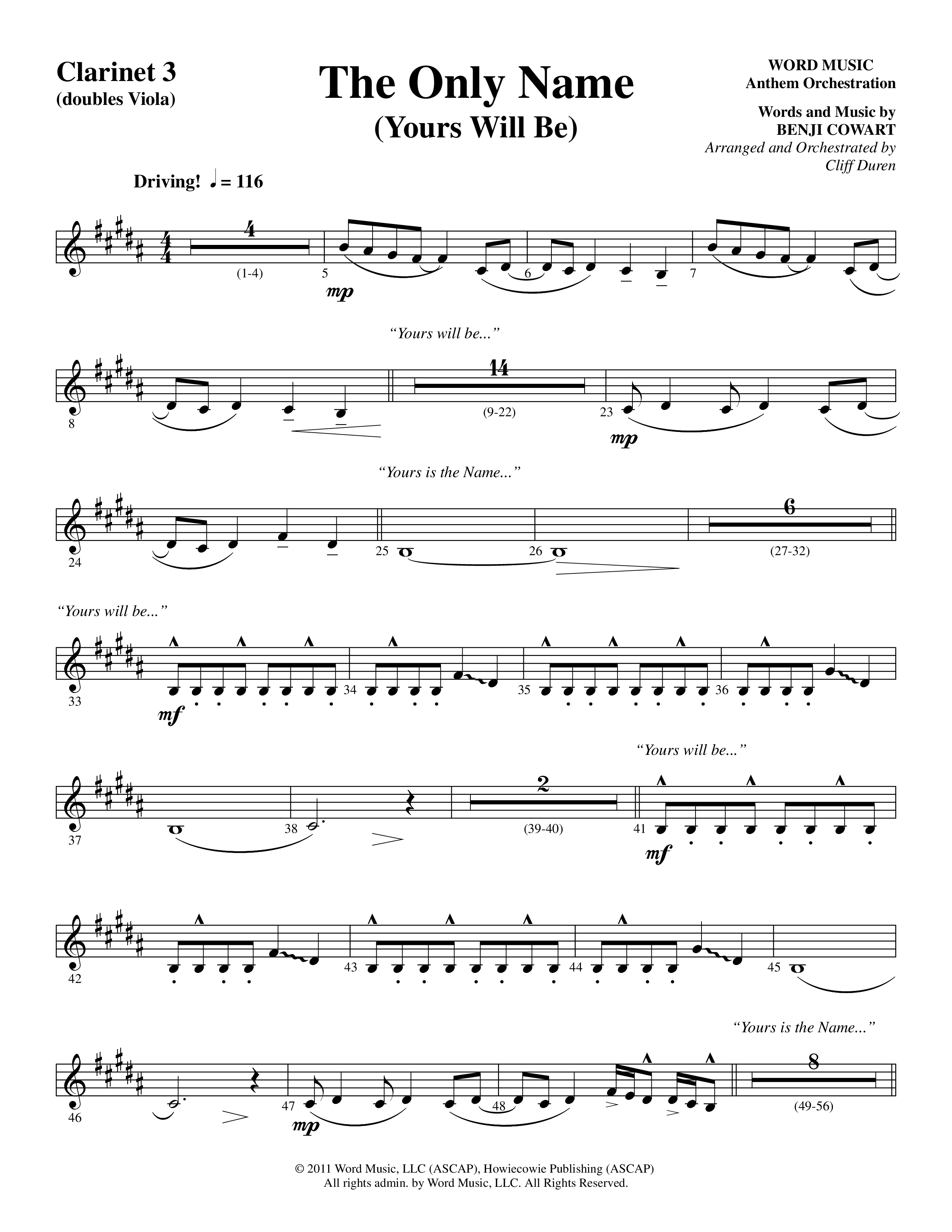 The Only Name (Yours Will Be) (Choral Anthem SATB) Clarinet 3 (Word Music Choral / Orch. Cliff Duren)