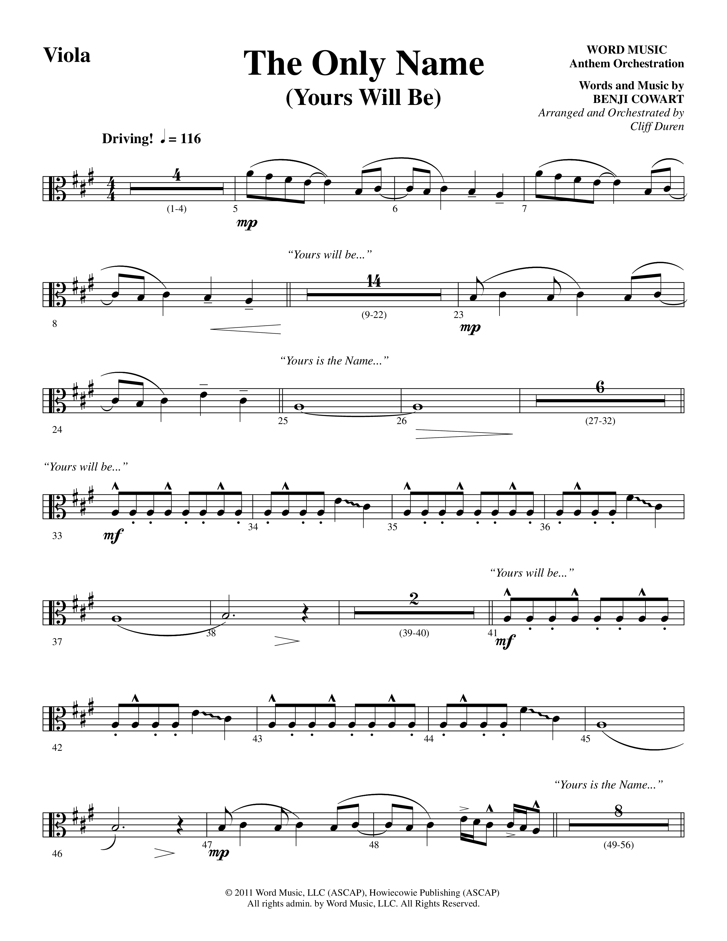 The Only Name (Yours Will Be) (Choral Anthem SATB) Viola (Word Music Choral / Orch. Cliff Duren)