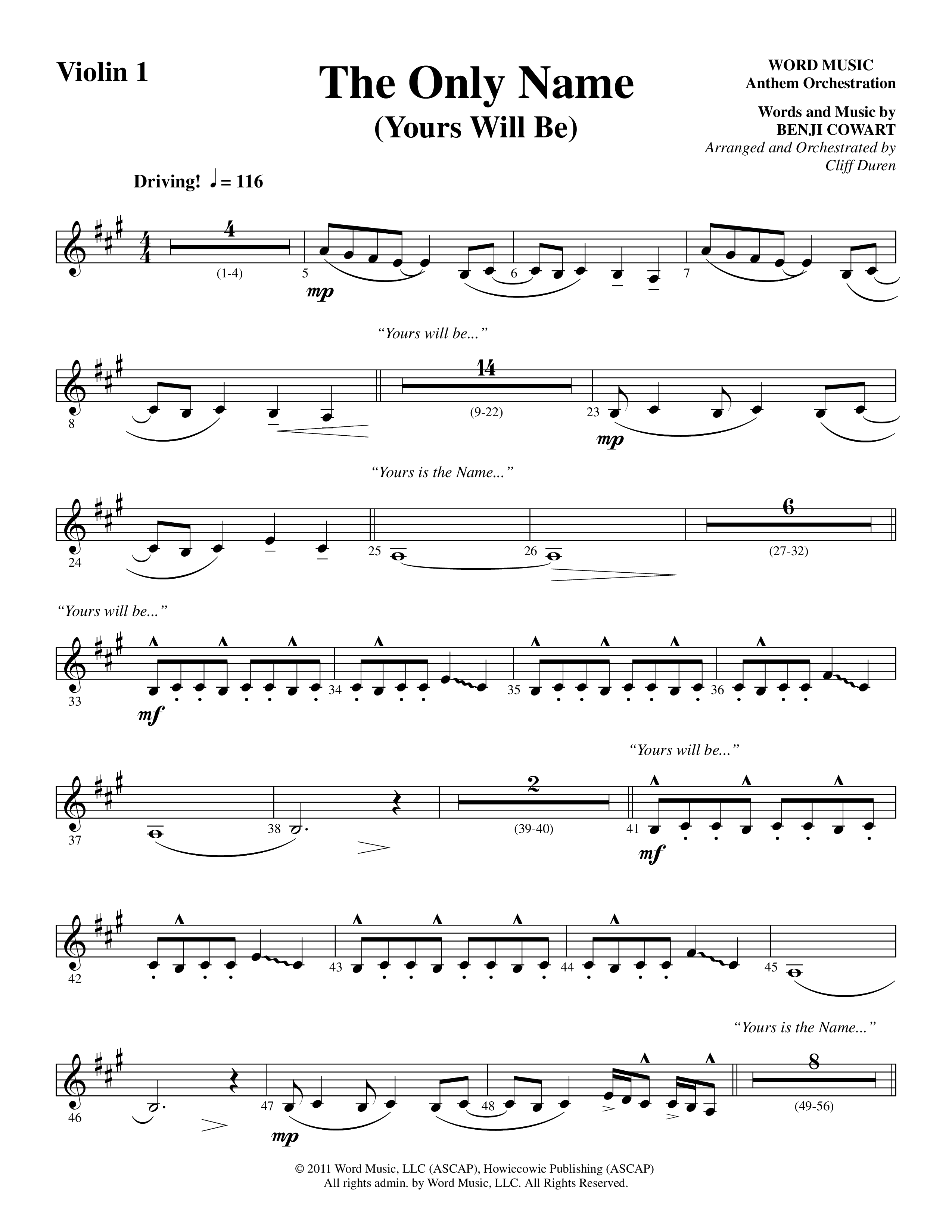 The Only Name (Yours Will Be) (Choral Anthem SATB) Violin 1/2 (Word Music Choral / Orch. Cliff Duren)