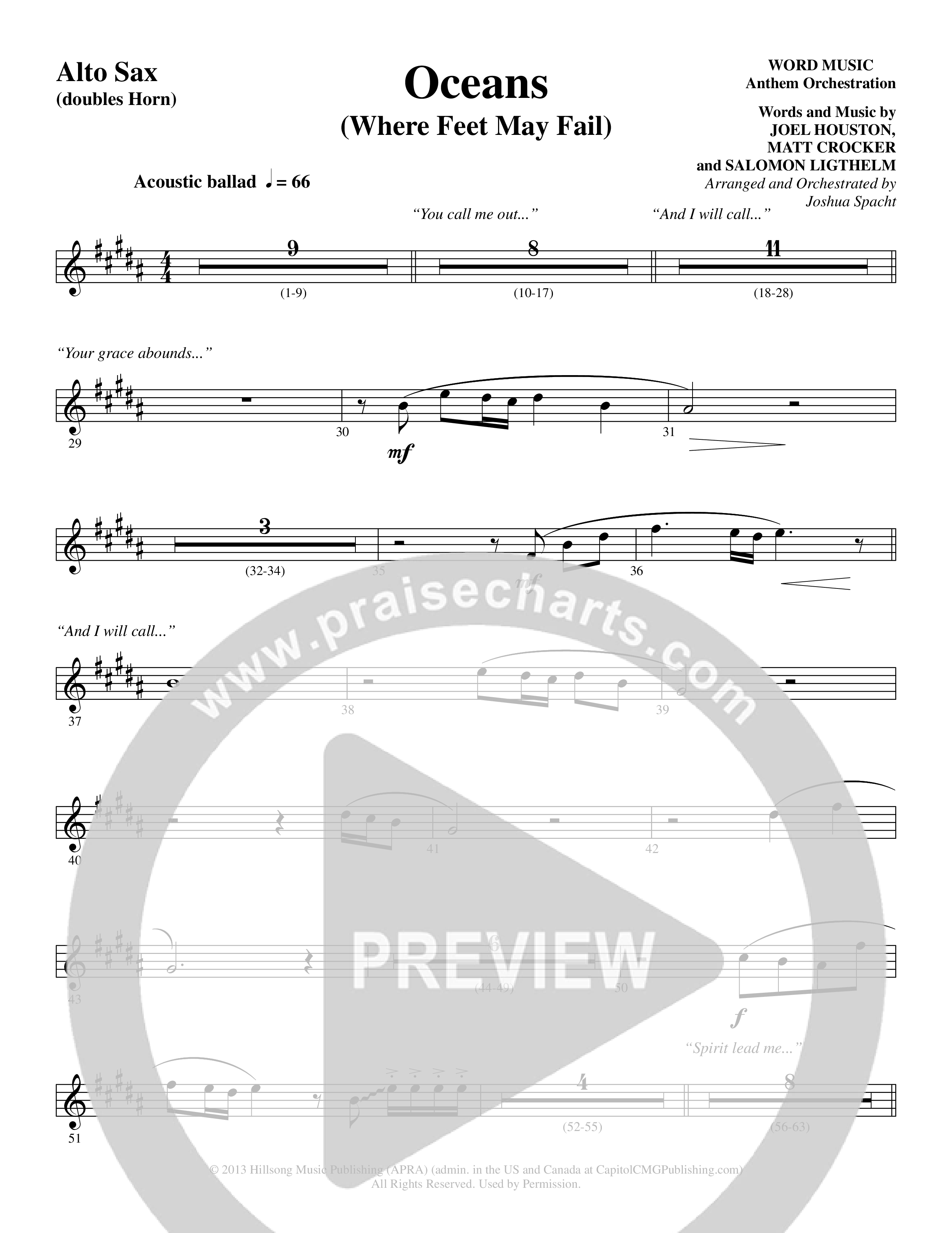 Oceans (Where Feet May Fail) (Choral Anthem SATB) Alto Sax (Word Music Choral / Arr. Joshua Spacht)