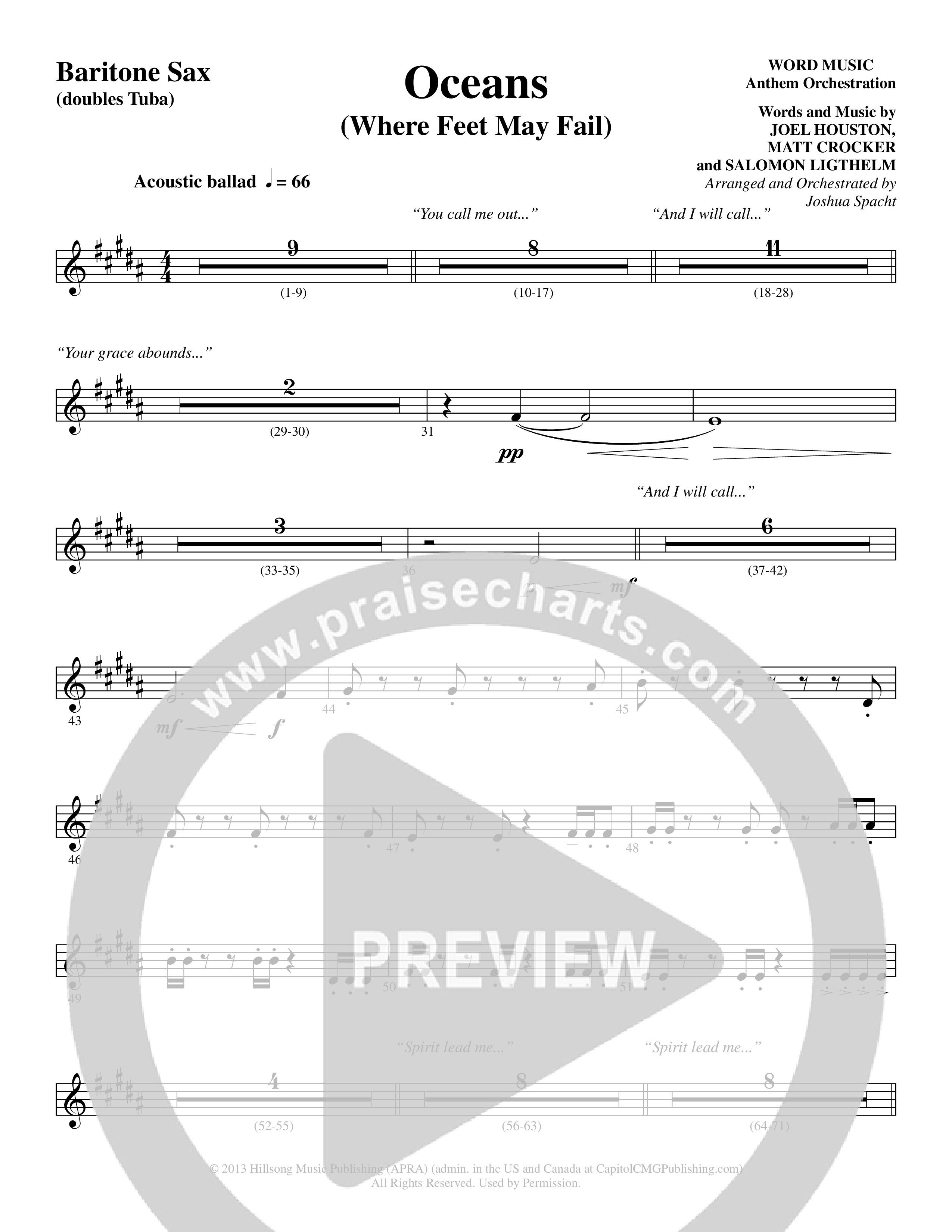 Oceans (Where Feet May Fail) (Choral Anthem SATB) Bari Sax (Word Music Choral / Arr. Joshua Spacht)