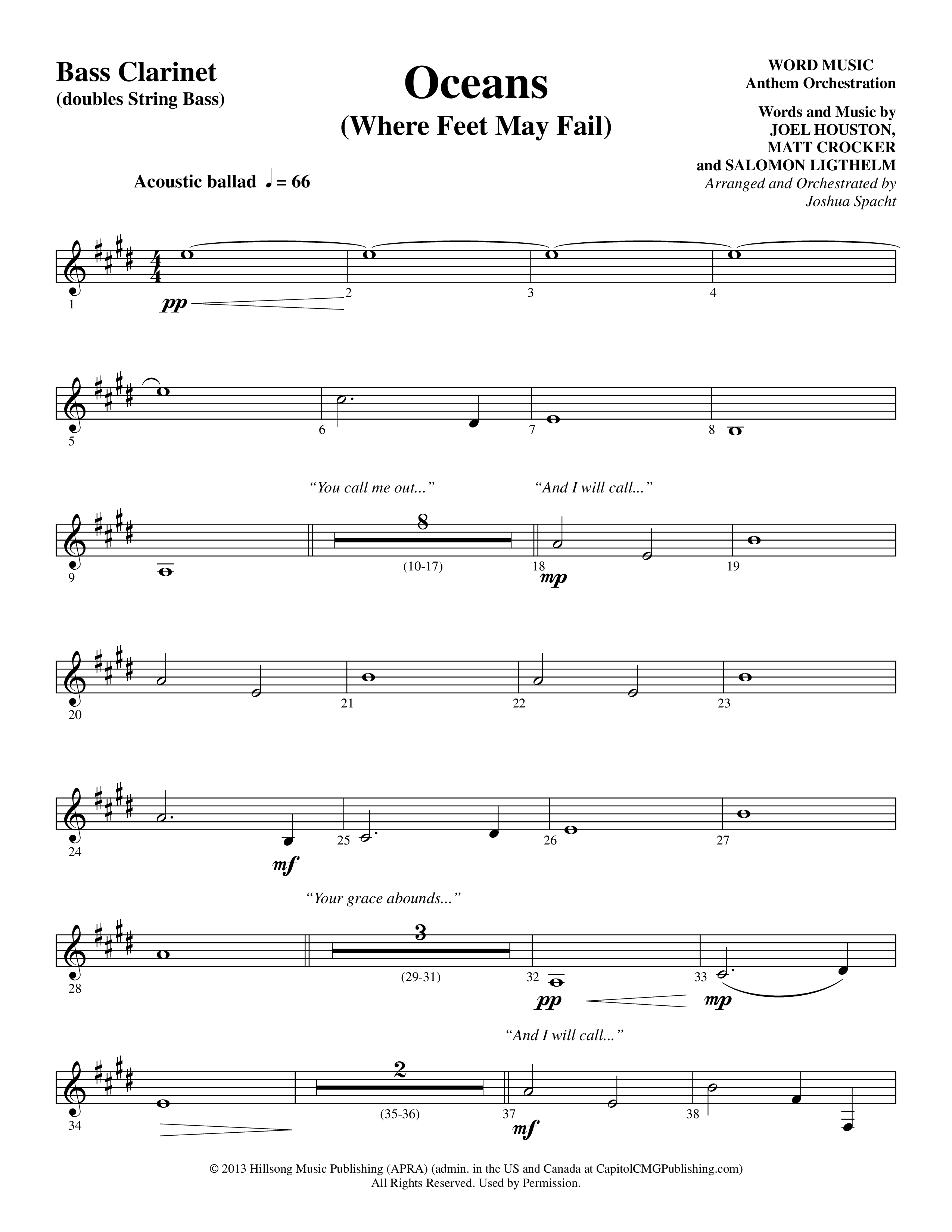 Oceans (Where Feet May Fail) (Choral Anthem SATB) Bass Clarinet (Word Music Choral / Arr. Joshua Spacht)