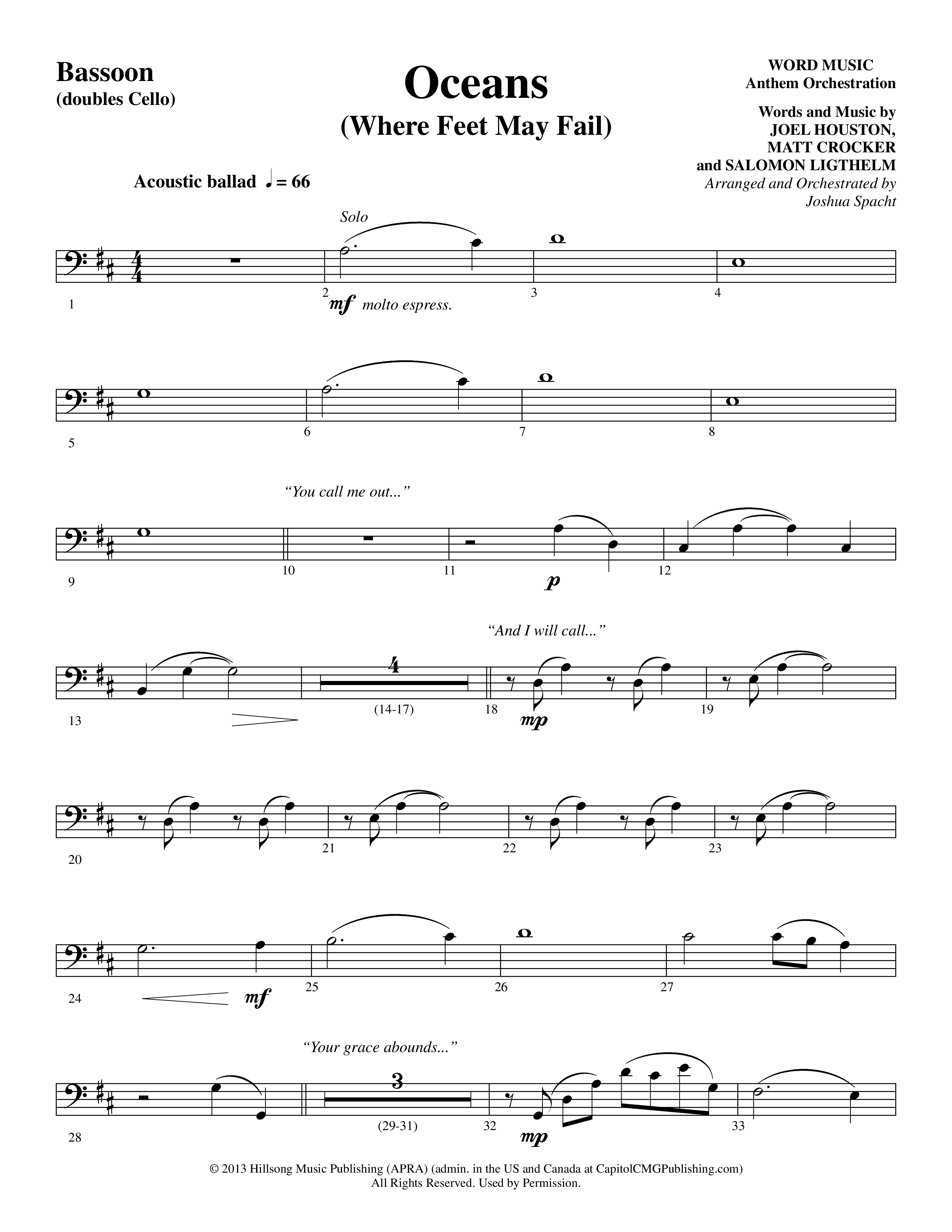 Oceans (Where Feet May Fail) (Choral Anthem SATB) Bassoon (Word Music Choral / Arr. Joshua Spacht)