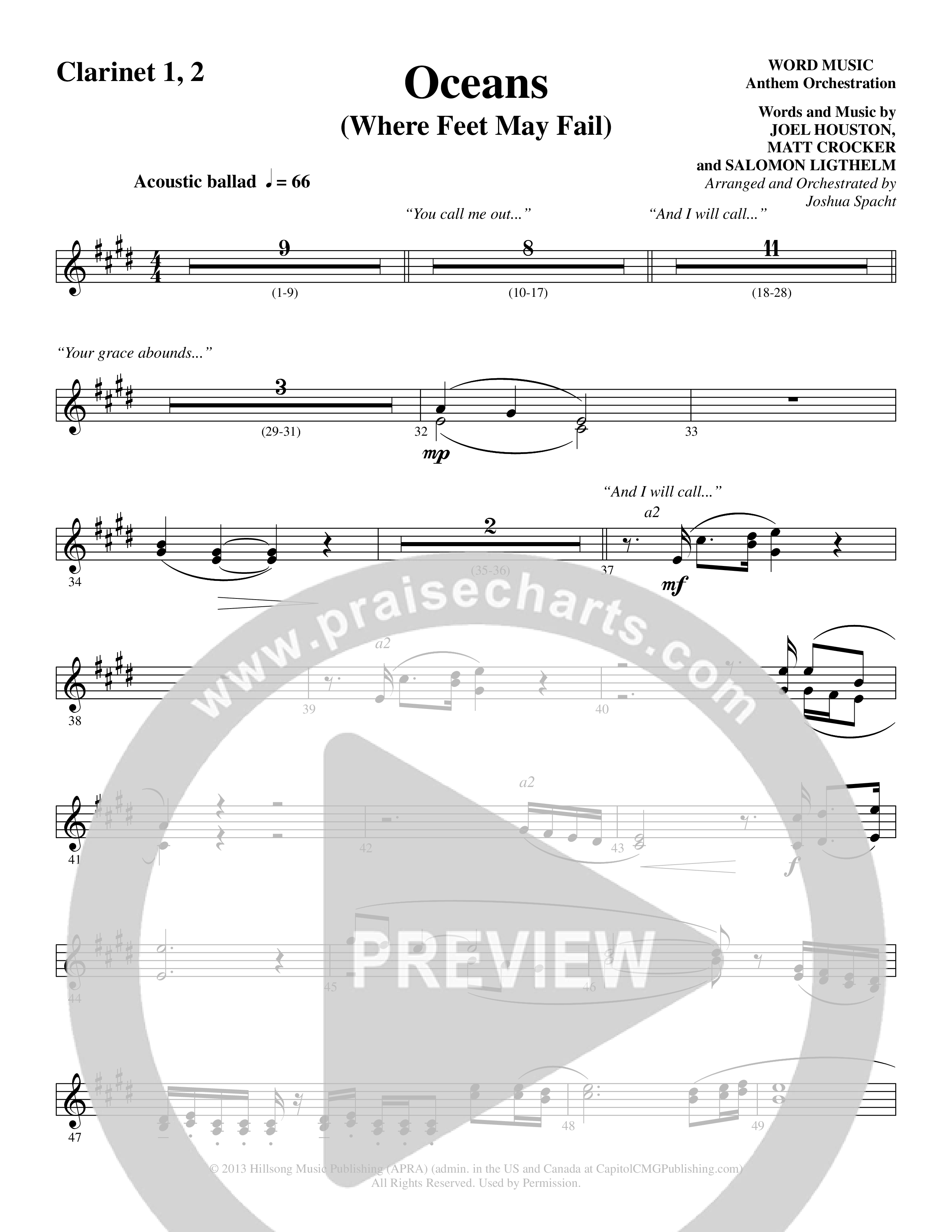 Oceans (Where Feet May Fail) (Choral Anthem SATB) Clarinet 1/2 (Word Music Choral / Arr. Joshua Spacht)