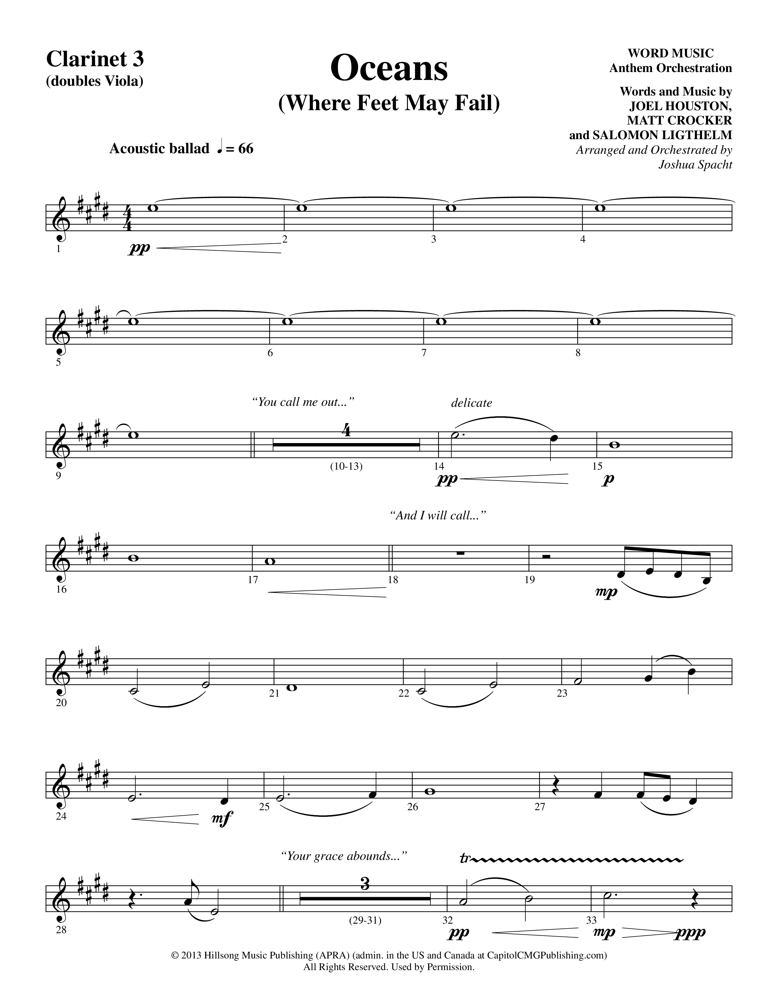 Oceans (Where Feet May Fail) (Choral Anthem SATB) Clarinet 3 (Word Music Choral / Arr. Joshua Spacht)