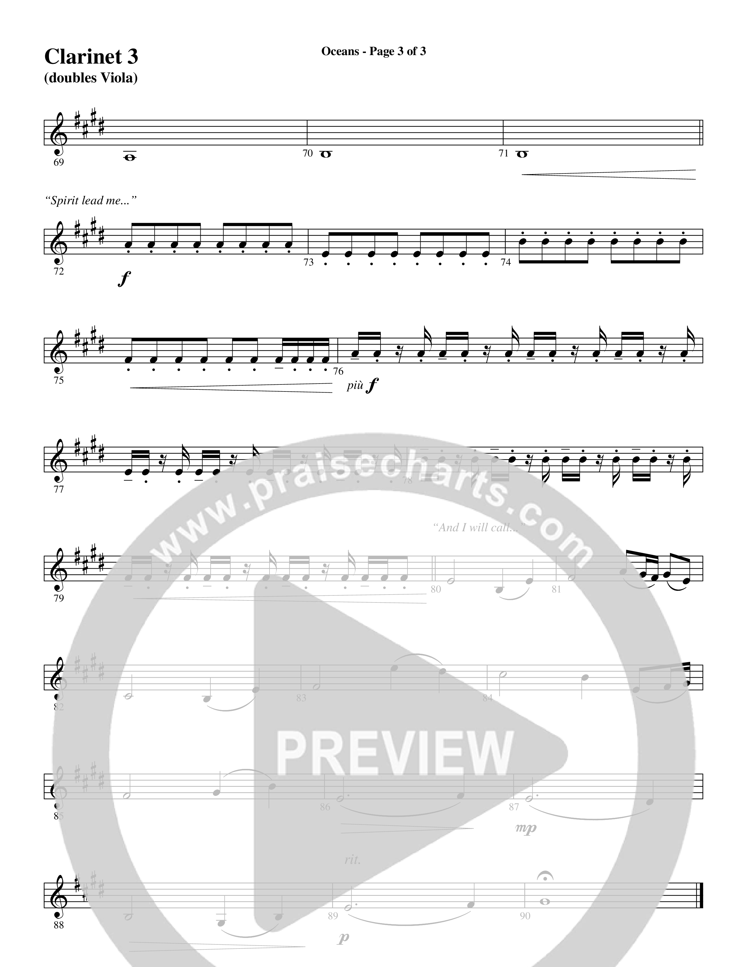 Oceans (Where Feet May Fail) (Choral Anthem SATB) Clarinet 3 (Word Music Choral / Arr. Joshua Spacht)