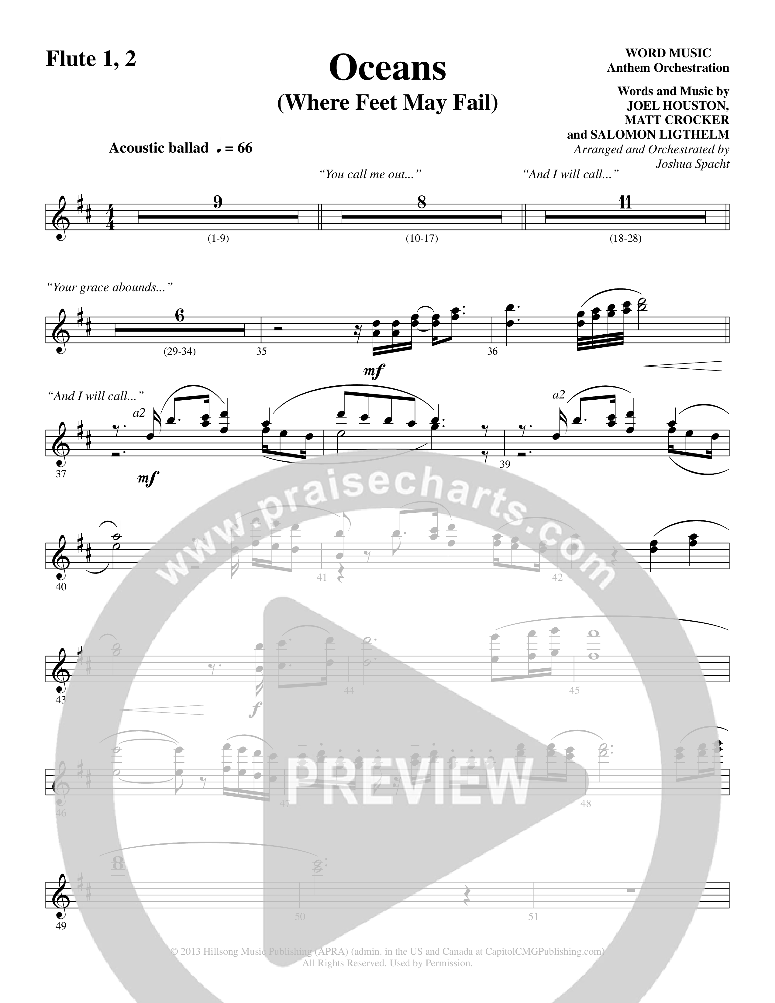 Oceans (Where Feet May Fail) (Choral Anthem SATB) Flute 1/2 (Word Music Choral / Arr. Joshua Spacht)
