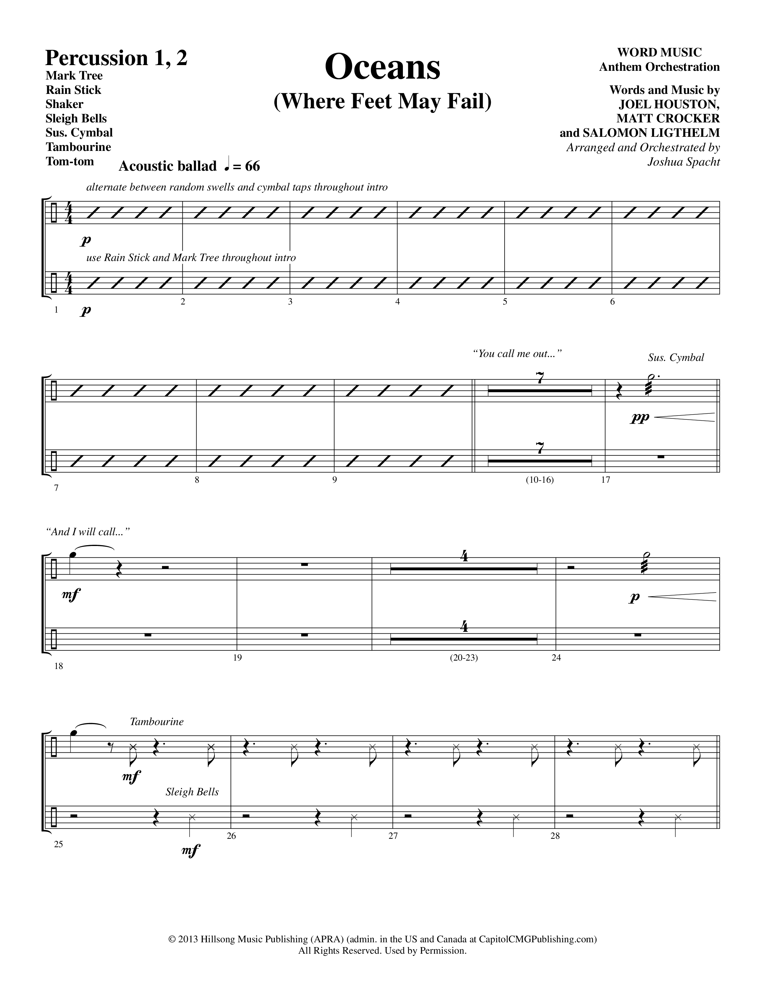 Oceans (Where Feet May Fail) (Choral Anthem SATB) Percussion 1/2 (Word Music Choral / Arr. Joshua Spacht)