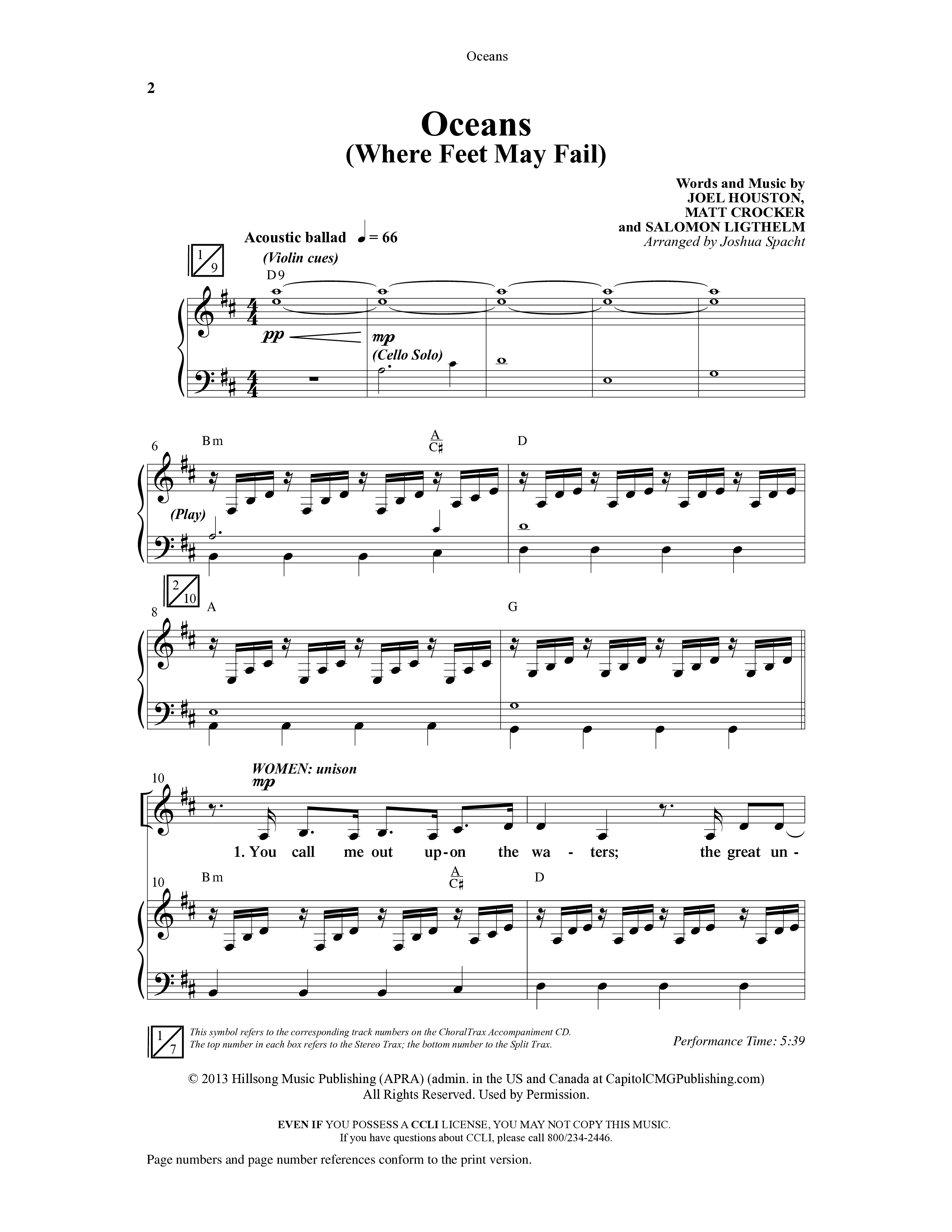 Oceans (Where Feet May Fail) (Choral Anthem SATB) Anthem (SATB/Piano) (Word Music Choral / Arr. Joshua Spacht)