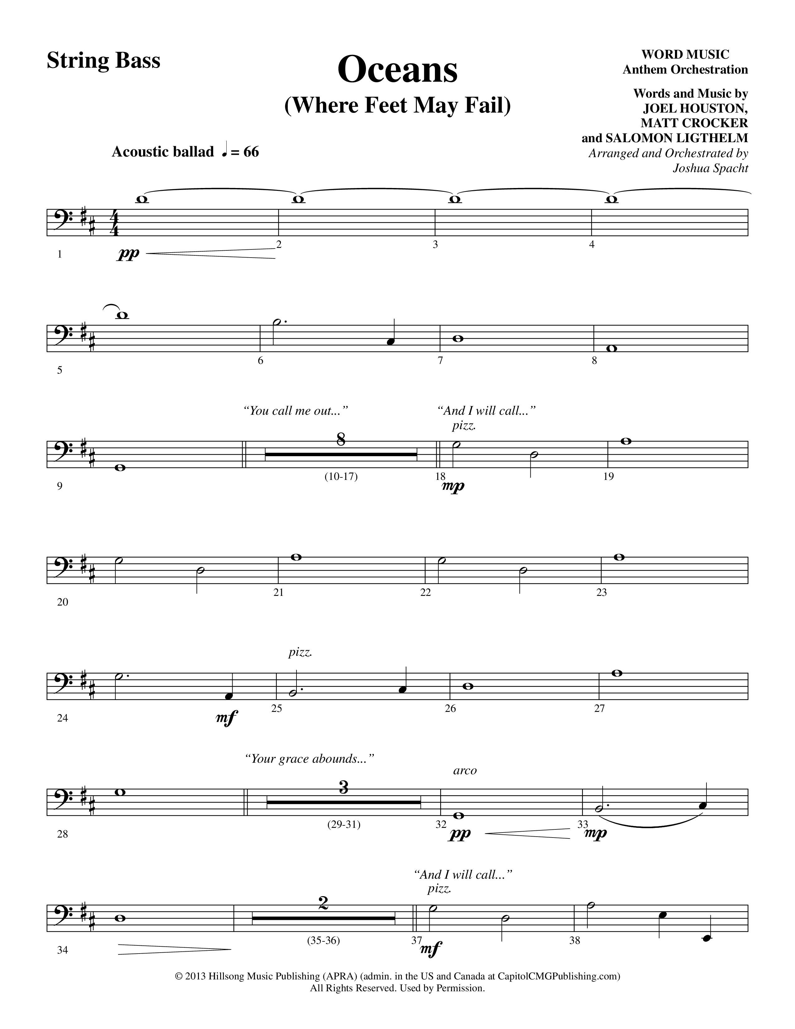 Oceans (Where Feet May Fail) (Choral Anthem SATB) String Bass (Word Music Choral / Arr. Joshua Spacht)
