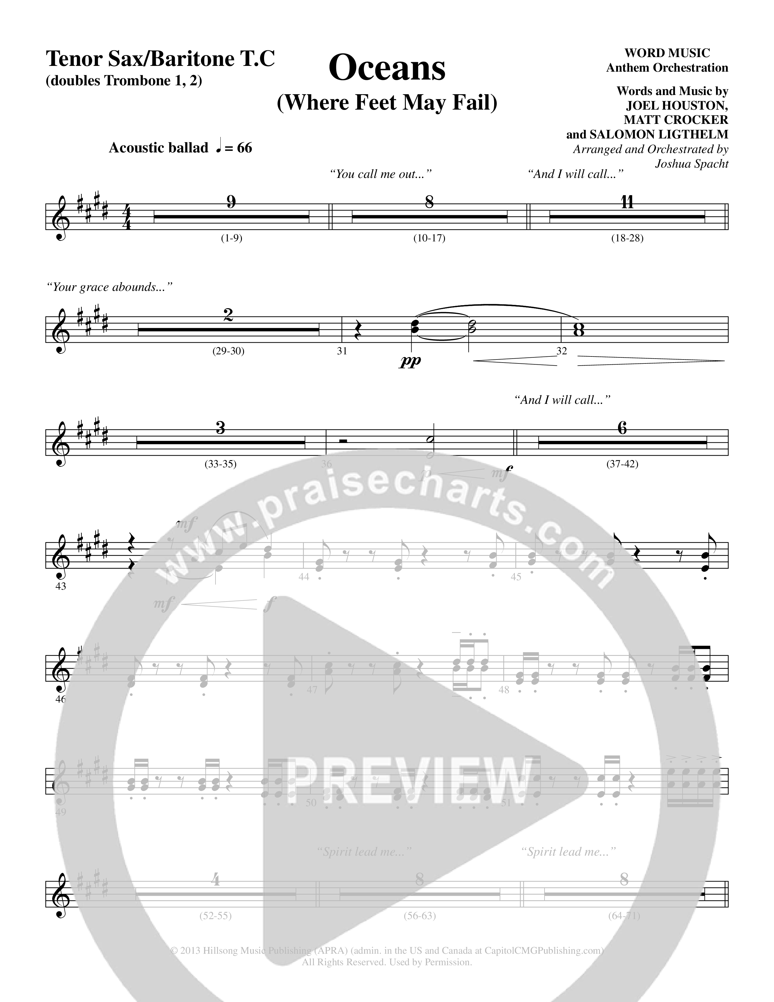 Oceans (Where Feet May Fail) (Choral Anthem SATB) Tenor Sax/Baritone T.C. (Word Music Choral / Arr. Joshua Spacht)