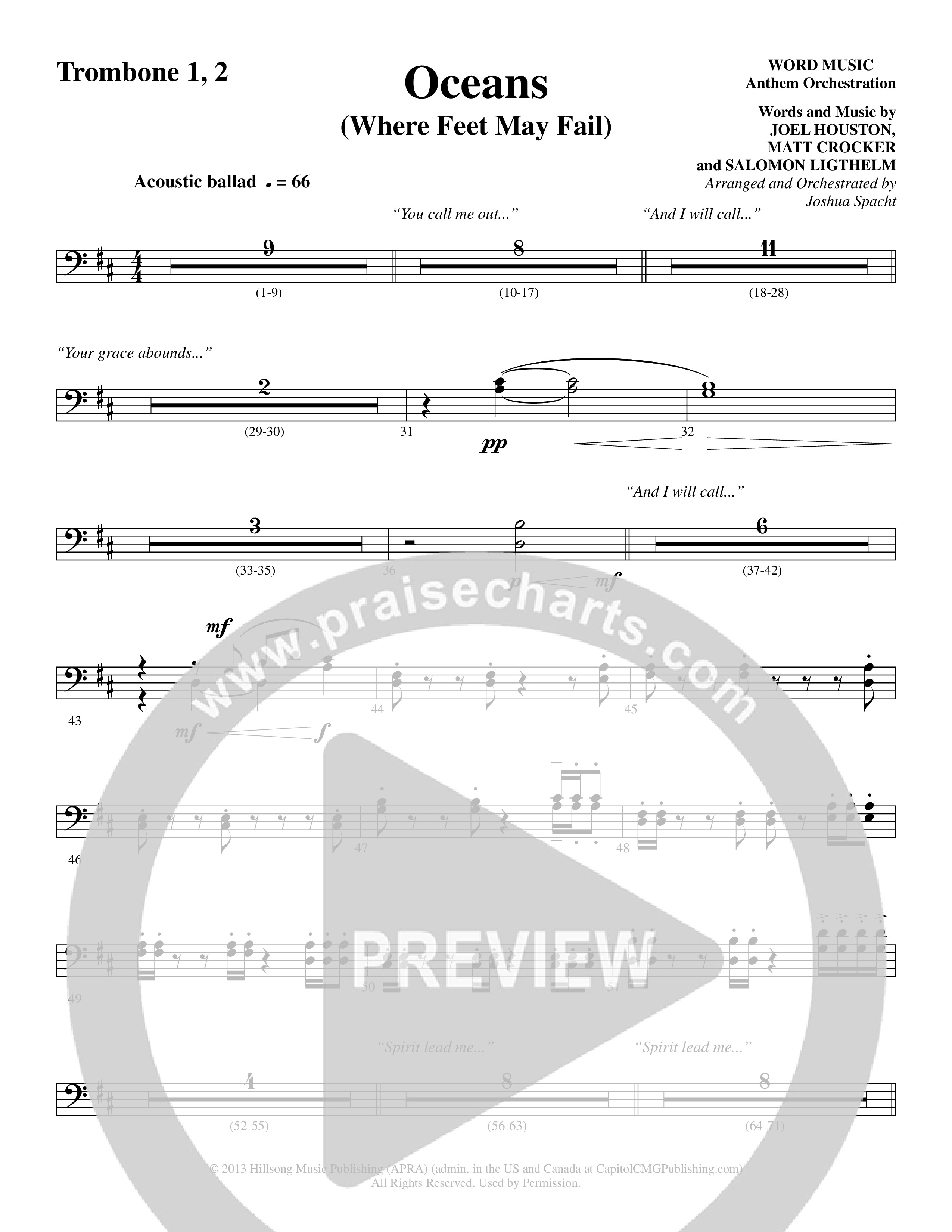 Oceans (Where Feet May Fail) (Choral Anthem SATB) Trombone 1/2 (Word Music Choral / Arr. Joshua Spacht)