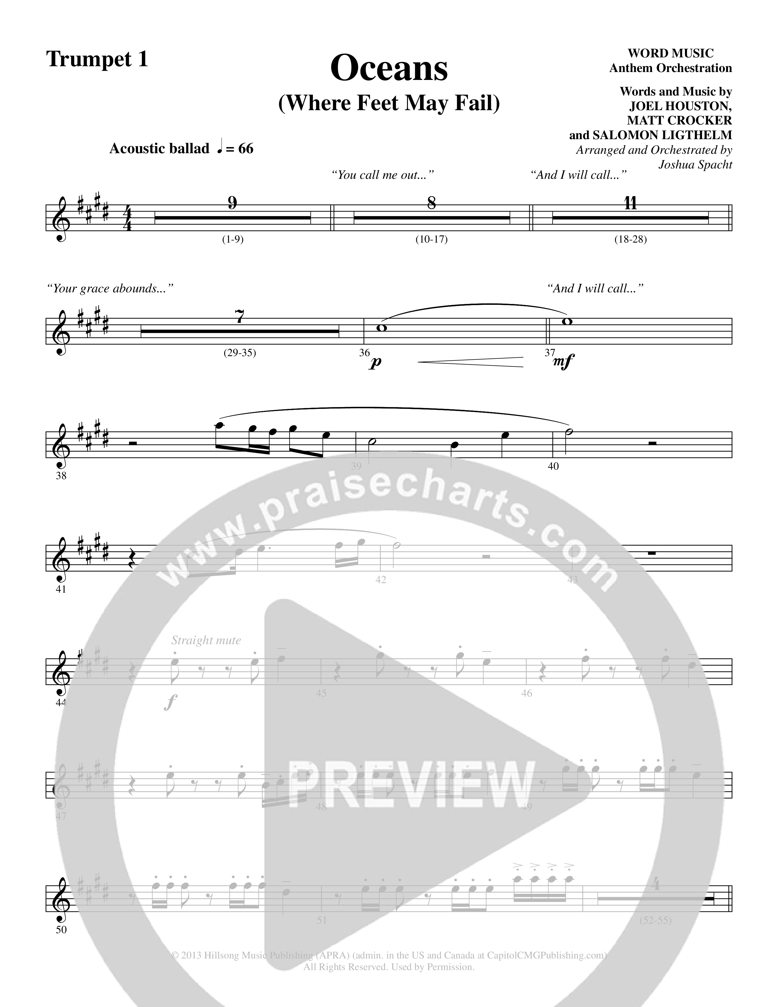 Oceans (Where Feet May Fail) (Choral Anthem SATB) Trumpet 1 (Word Music Choral / Arr. Joshua Spacht)