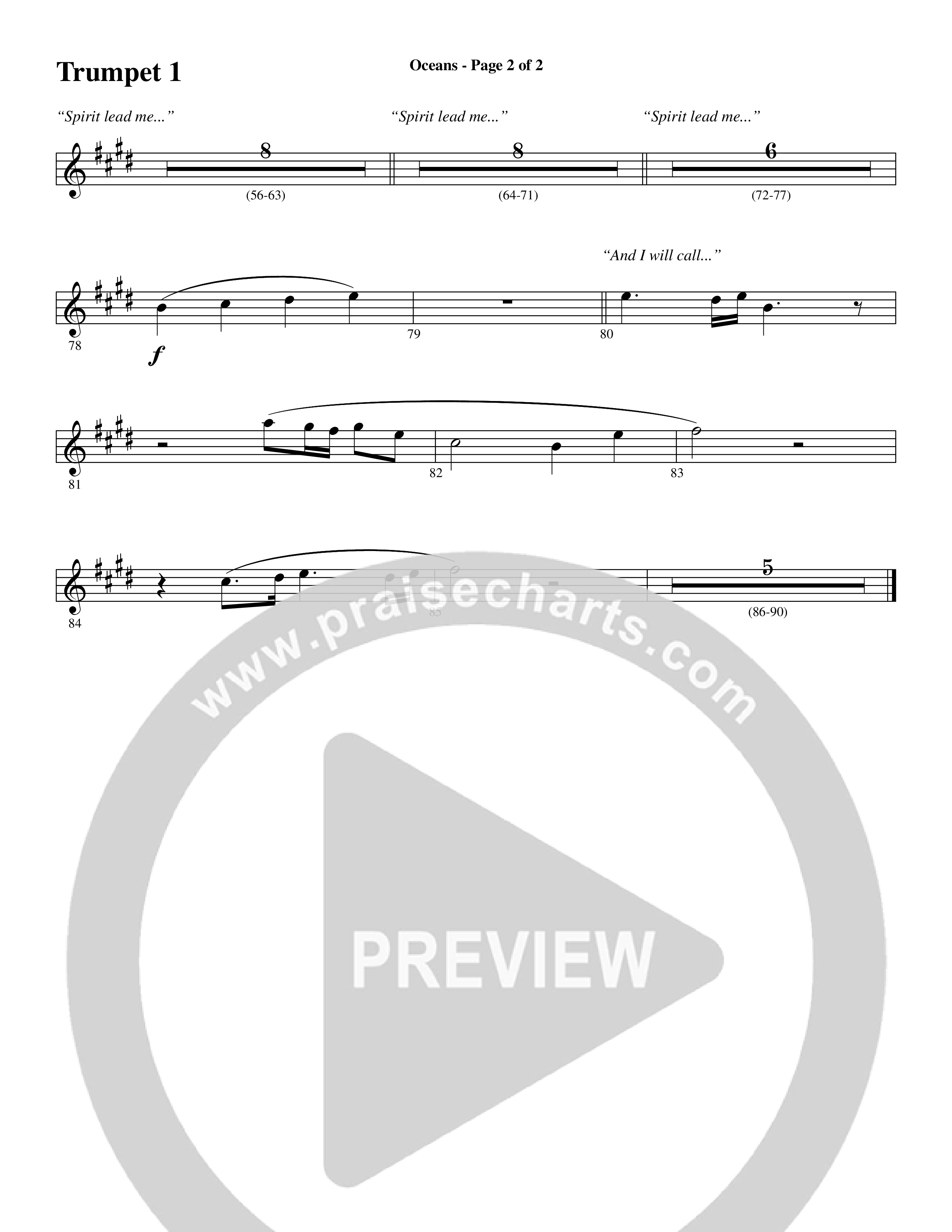 Oceans (Where Feet May Fail) (Choral Anthem SATB) Trumpet 1 (Word Music Choral / Arr. Joshua Spacht)
