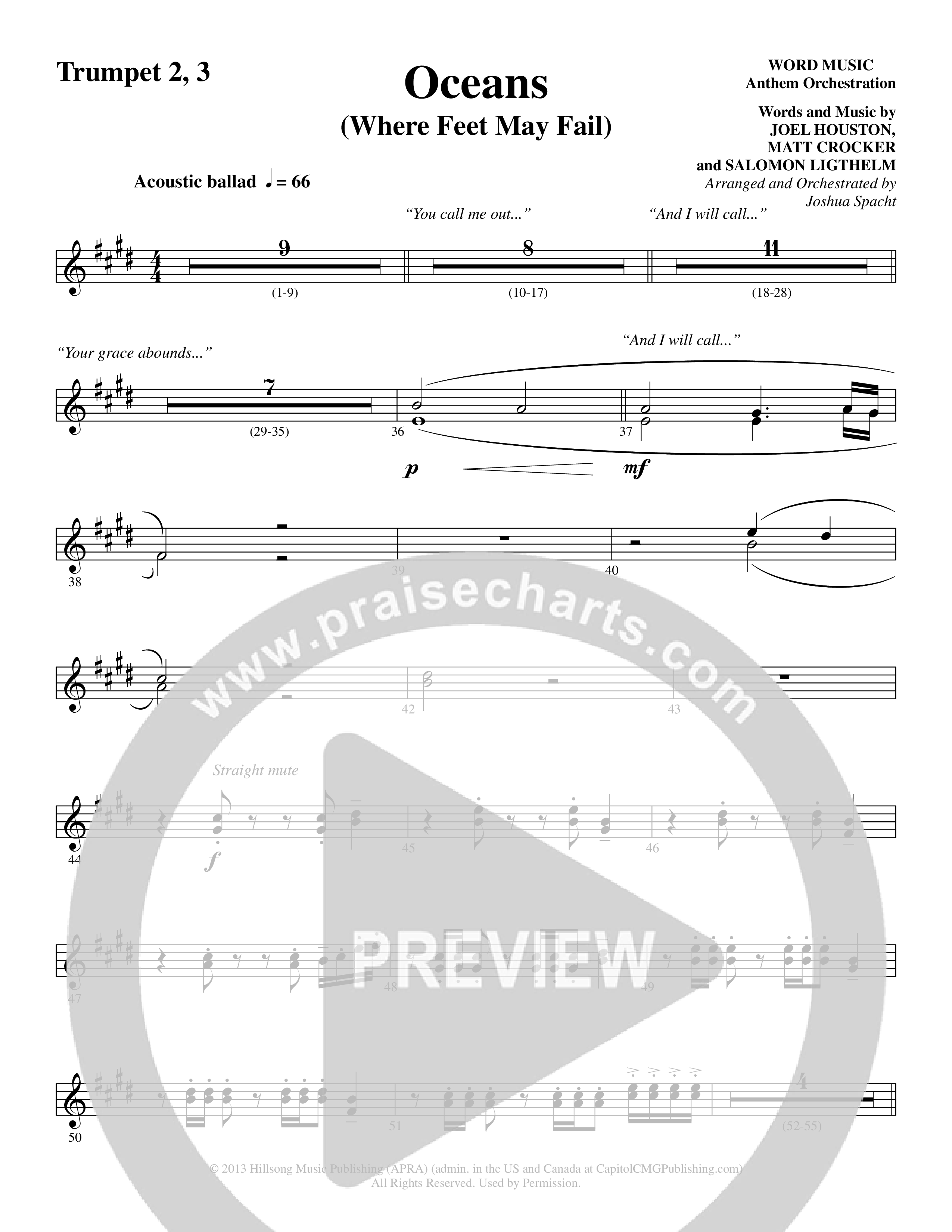 Oceans (Where Feet May Fail) (Choral Anthem SATB) Trumpet 2/3 (Word Music Choral / Arr. Joshua Spacht)