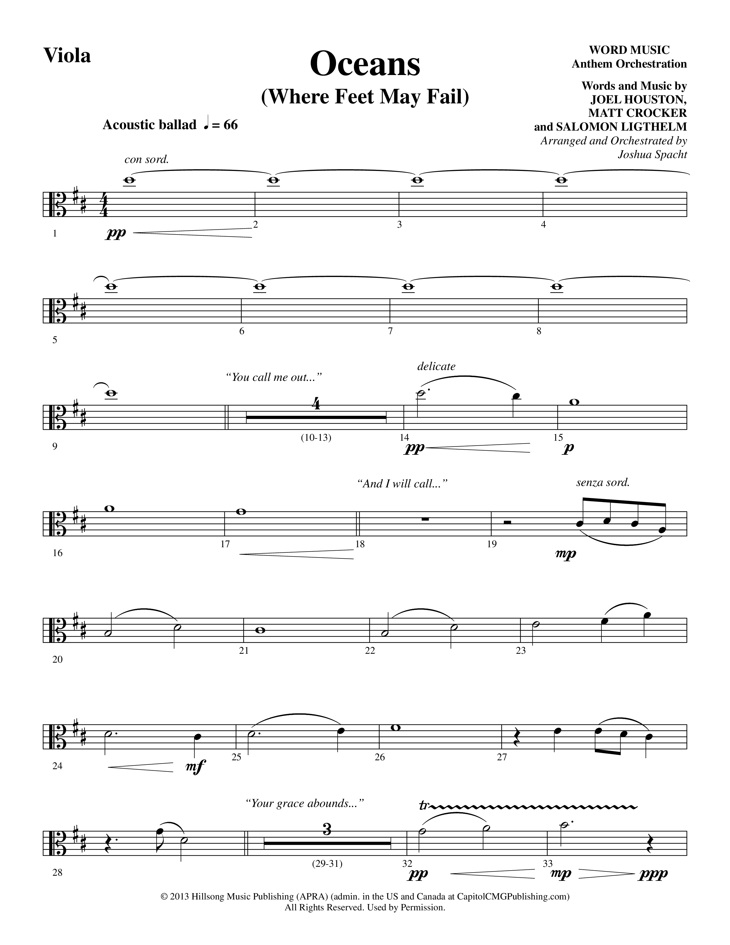 Oceans (Where Feet May Fail) (Choral Anthem SATB) Viola (Word Music Choral / Arr. Joshua Spacht)