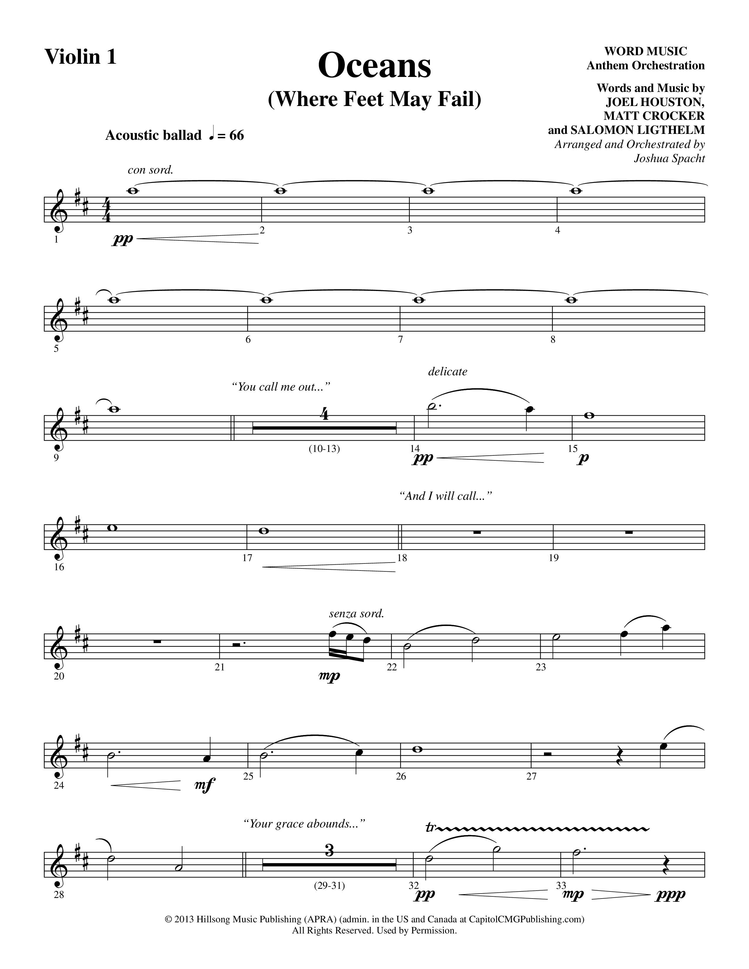 Oceans (Where Feet May Fail) (Choral Anthem SATB) Violin 1/2 (Word Music Choral / Arr. Joshua Spacht)