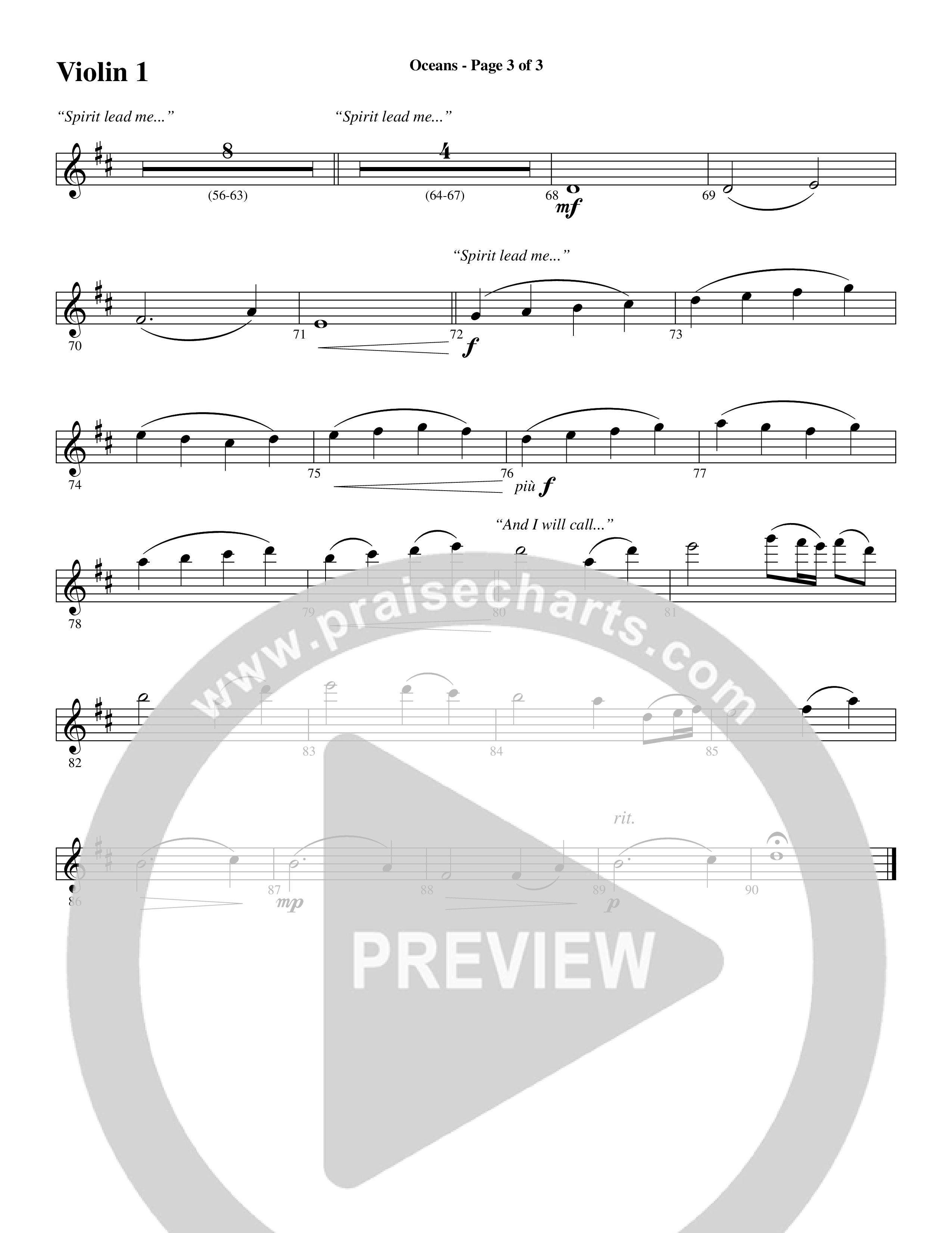 Oceans (Where Feet May Fail) (Choral Anthem SATB) Violin 1/2 (Word Music Choral / Arr. Joshua Spacht)