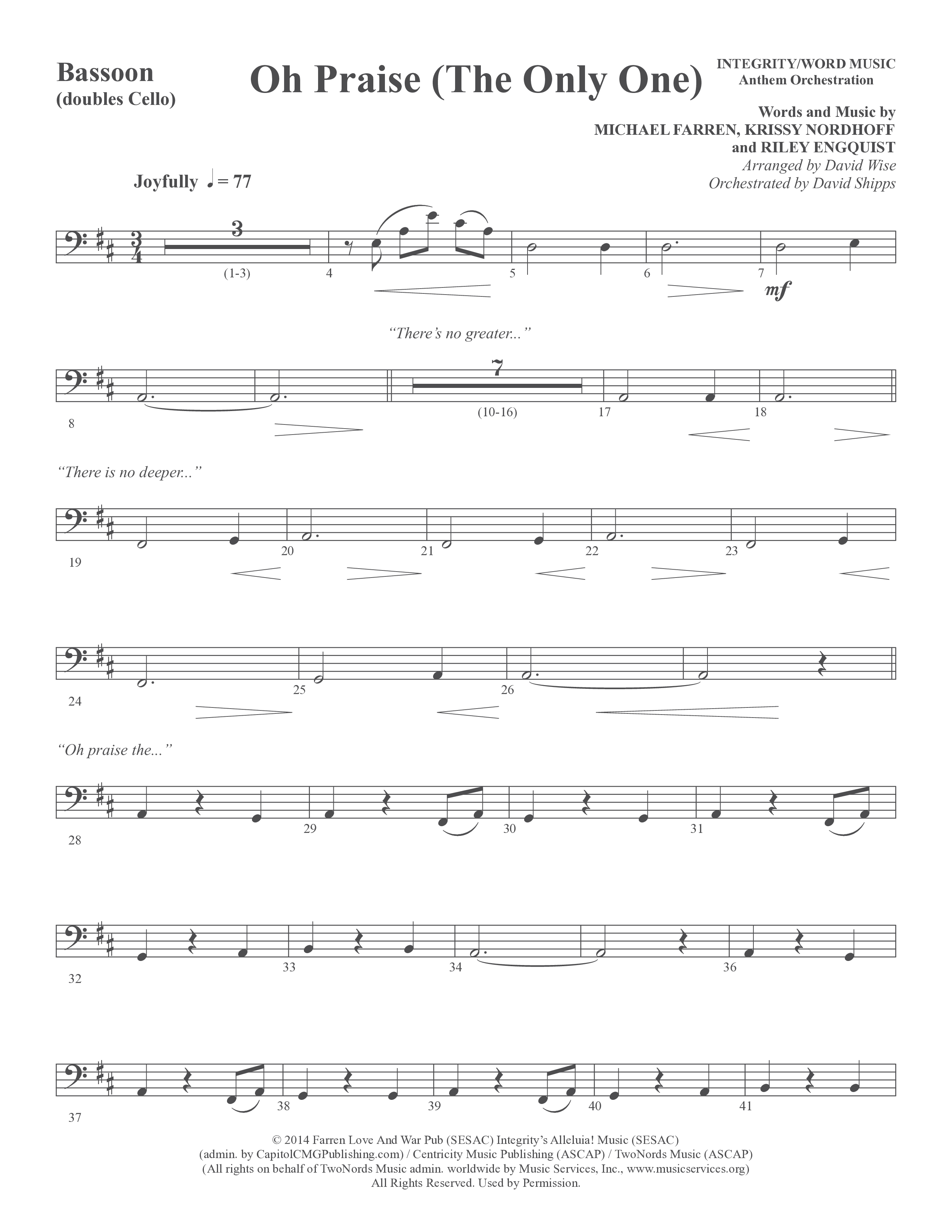Oh Praise (The Only One) (Choral Anthem SATB) Bassoon (Word Music Choral / Arr. David Wise)
