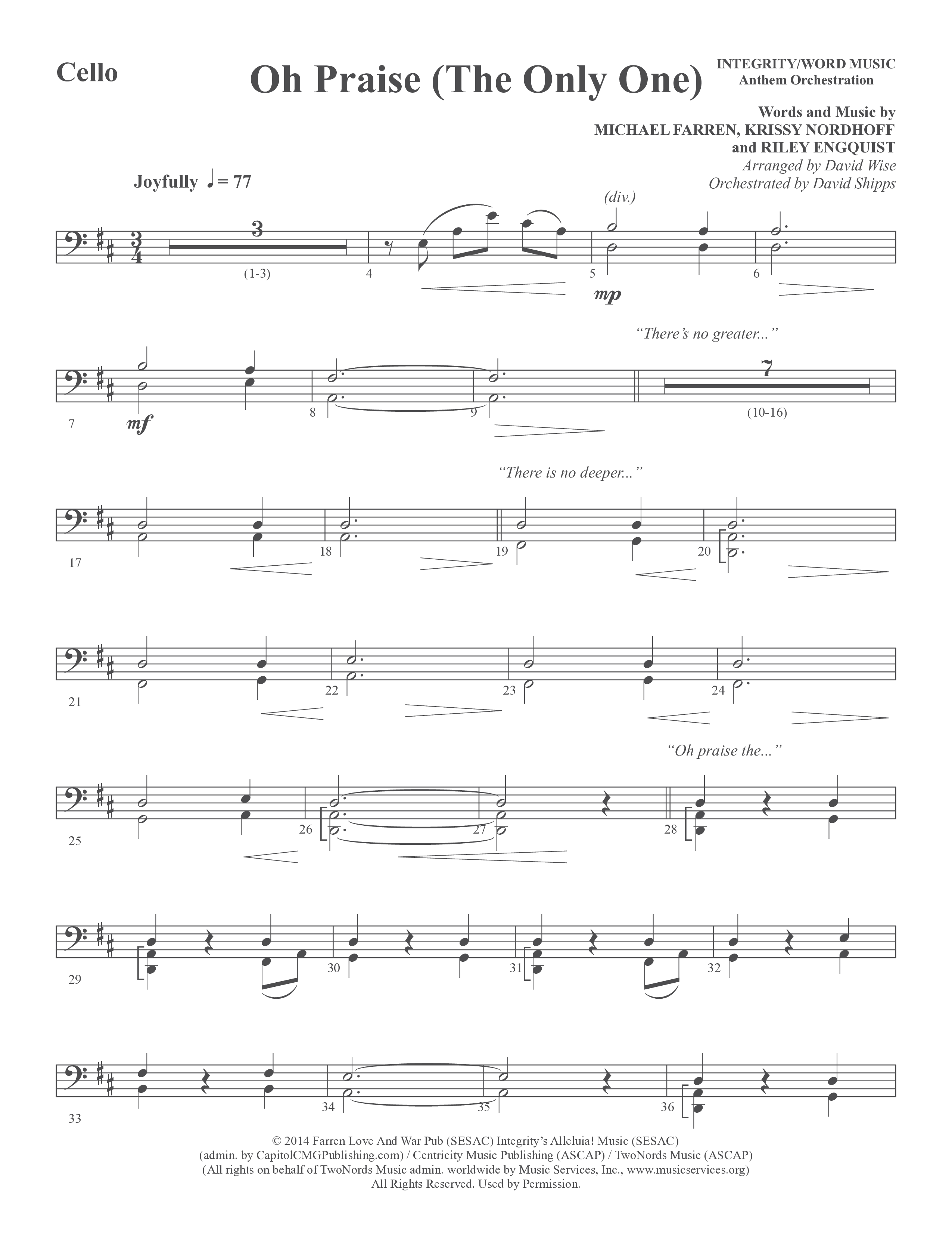Oh Praise (The Only One) (Choral Anthem SATB) Cello (Word Music Choral / Arr. David Wise)