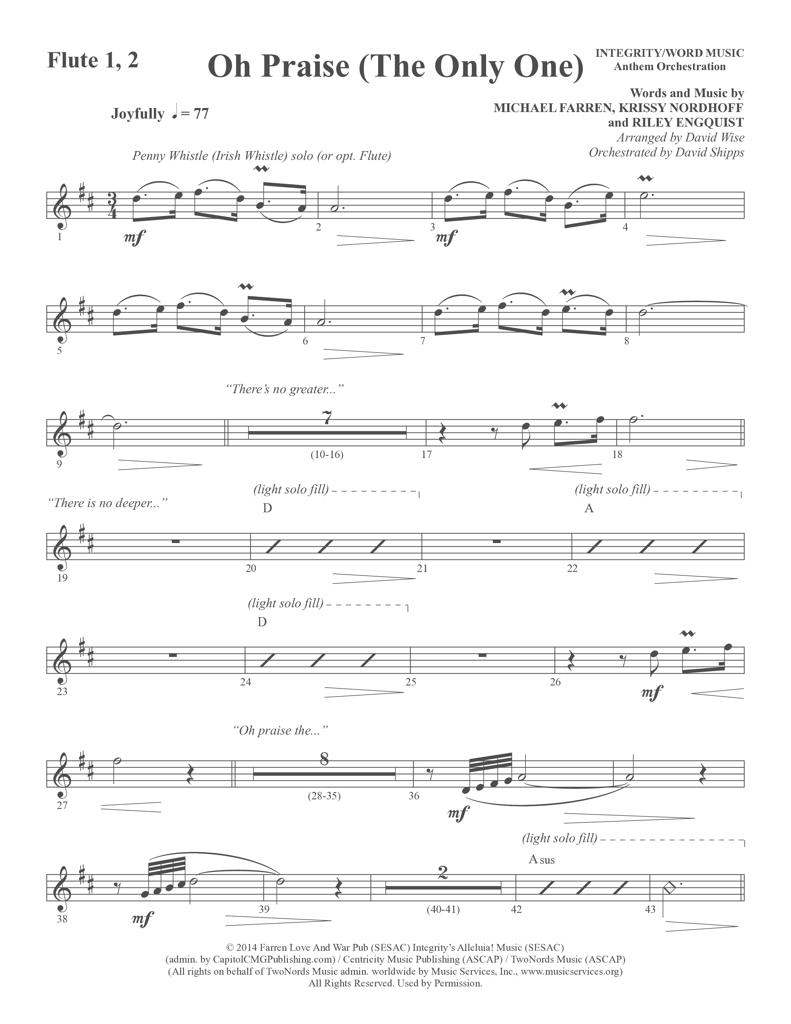 Oh Praise (The Only One) (Choral Anthem SATB) Flute 1/2 (Word Music Choral / Arr. David Wise)