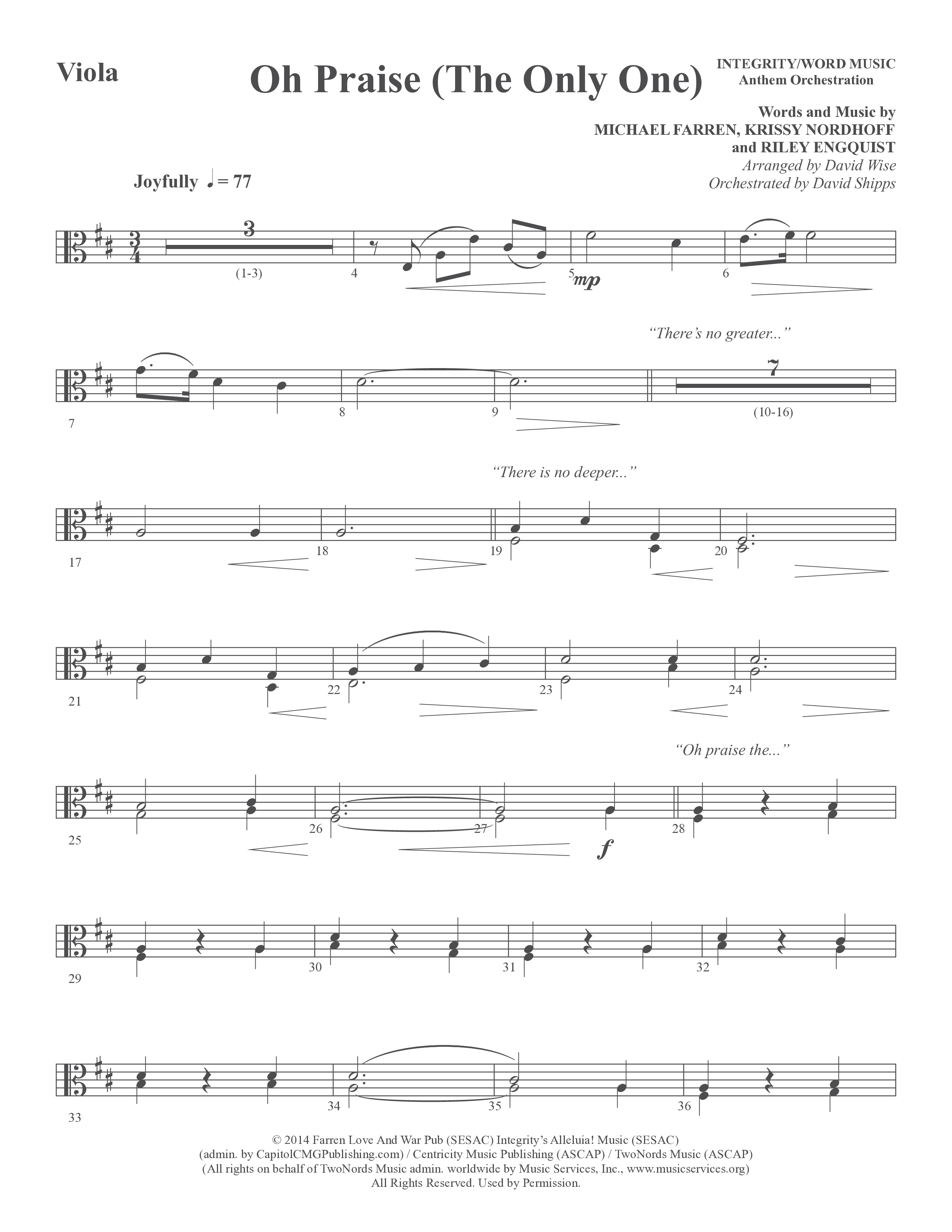 Oh Praise (The Only One) (Choral Anthem SATB) Viola (Word Music Choral / Arr. David Wise)
